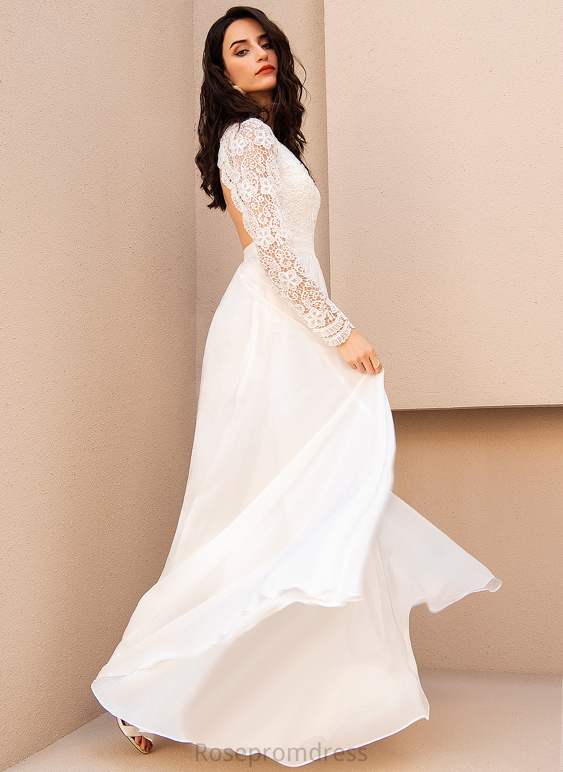 Floor-Length Lace A-Line V-neck Alivia Chiffon Wedding Dress Wedding Dresses