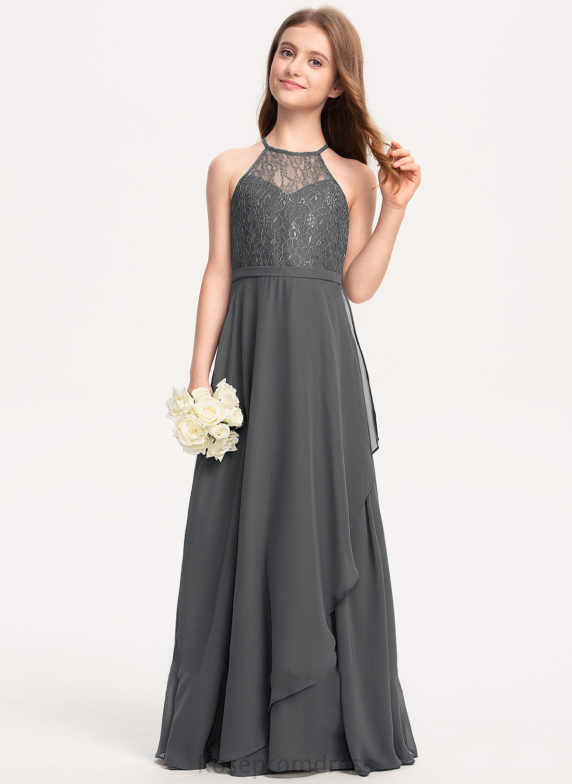 With Lace Isis Neck Scoop Chiffon Cascading Floor-Length Ruffles A-Line Junior Bridesmaid Dresses