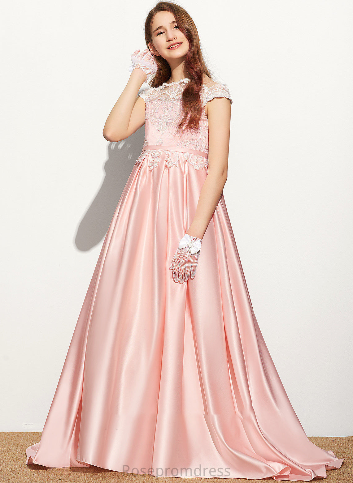 Train Satin Sweep Junior Bridesmaid Dresses Lace Sanai Off-the-Shoulder Ball-Gown/Princess