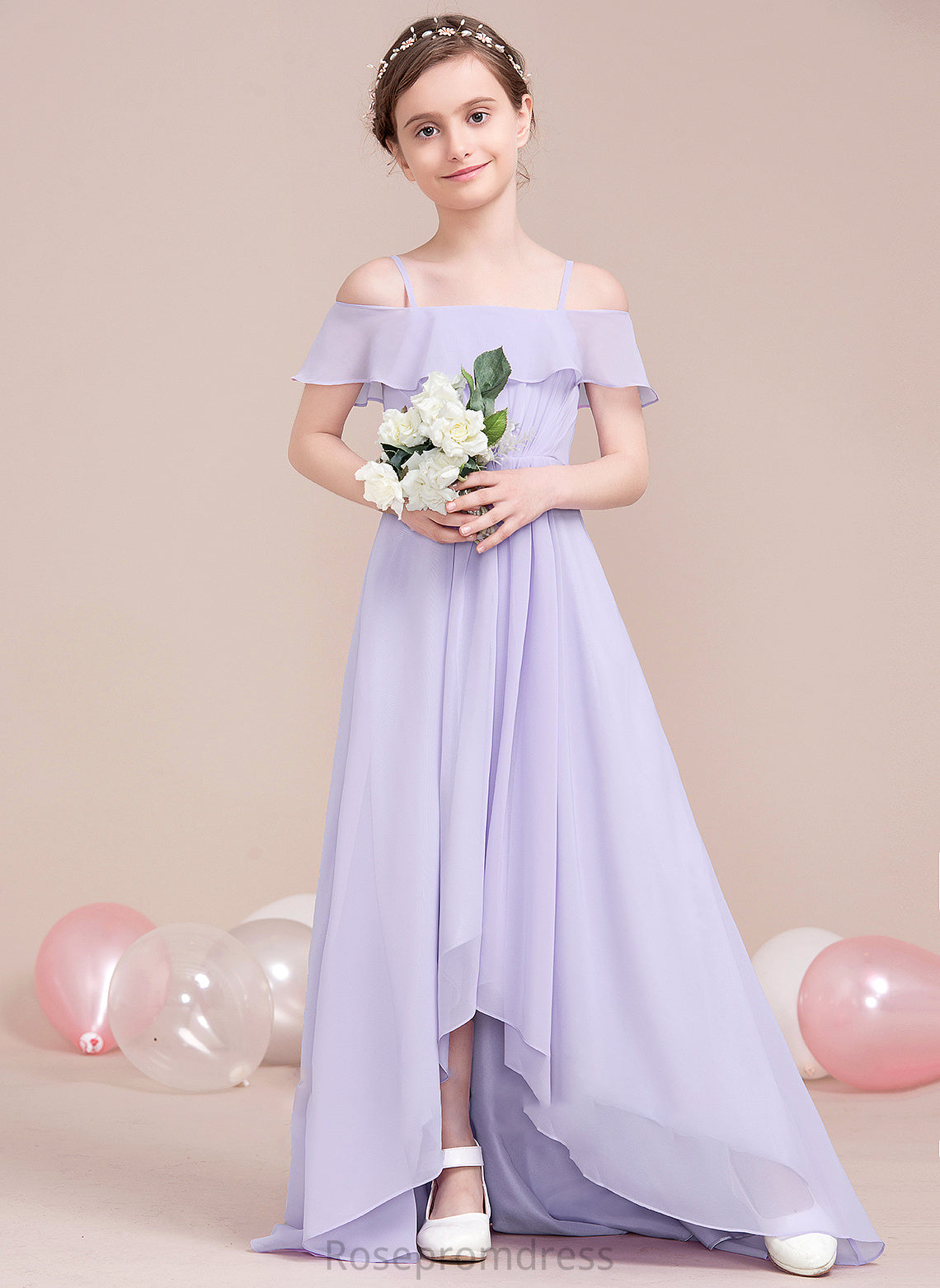 Isabel Ruffles Junior Bridesmaid Dresses Off-the-Shoulder With A-Line Chiffon Asymmetrical Cascading