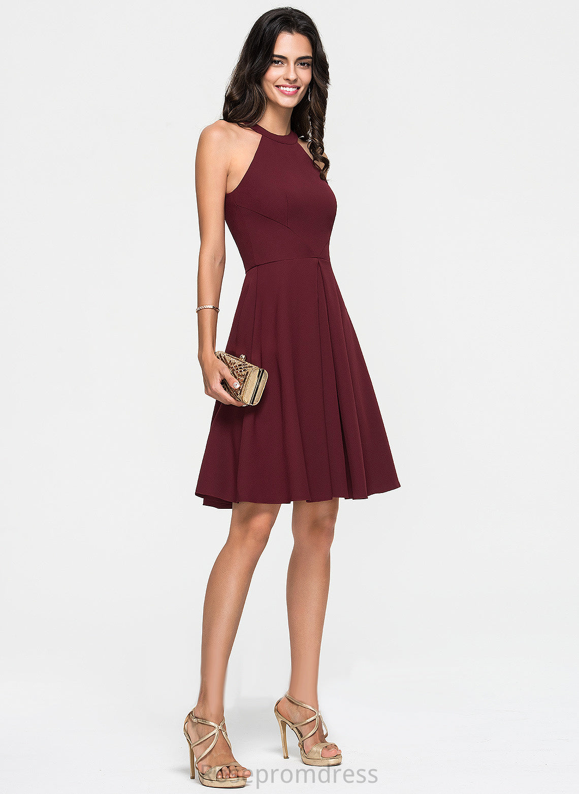 With Ruffle Neck Stretch Crepe Cocktail Scoop Laura A-Line Cocktail Dresses Knee-Length Dress