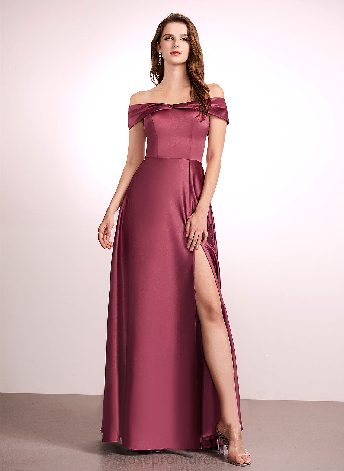 Silhouette Fabric Floor-Length Length Straps&Sleeves Neckline Satin A-line OfftheShoulder Ursula Bridesmaid Dresses