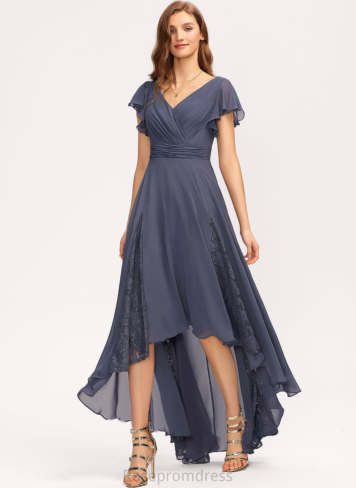 Embellishment Silhouette Fabric A-Line Asymmetrical Neckline V-neck Ruffle Length Gina Bridesmaid Dresses