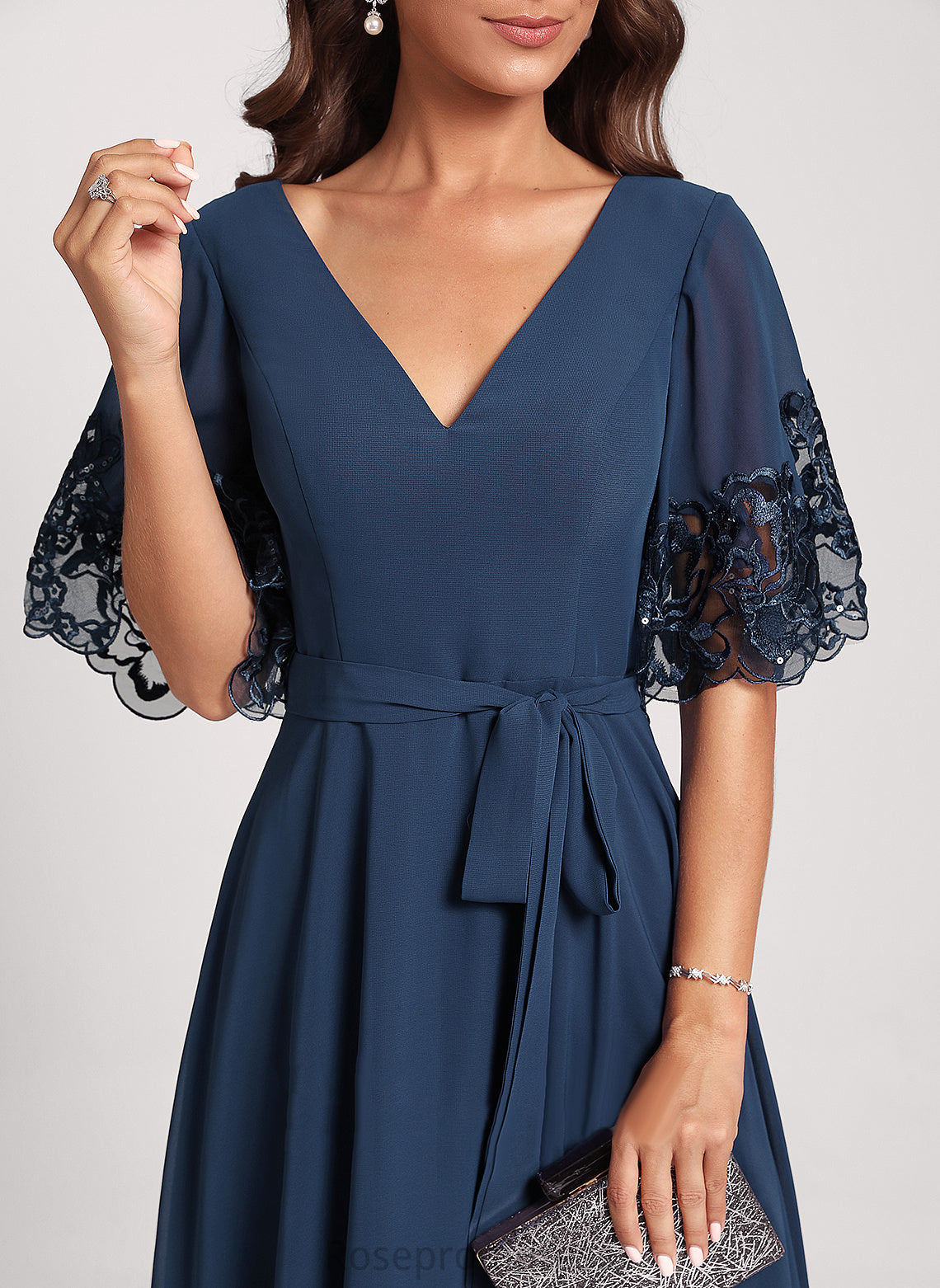 Chiffon Izabella A-Line Cocktail Club Dresses Sequins V-neck Lace With Tea-Length Dress