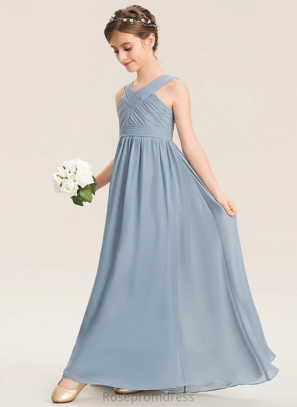 Junior Bridesmaid Dresses With Ruffle A-Line Floor-Length V-neck Chiffon Shyla