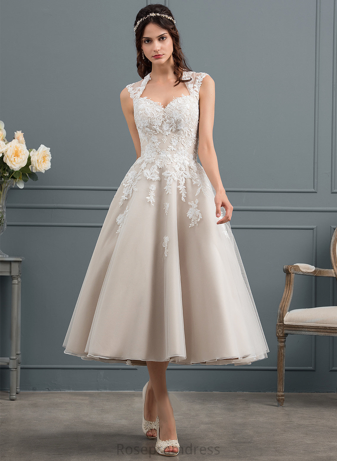 Tea-Length Sweetheart Wedding Dresses With Lace Sequins Ball-Gown/Princess Lauretta Dress Tulle Wedding