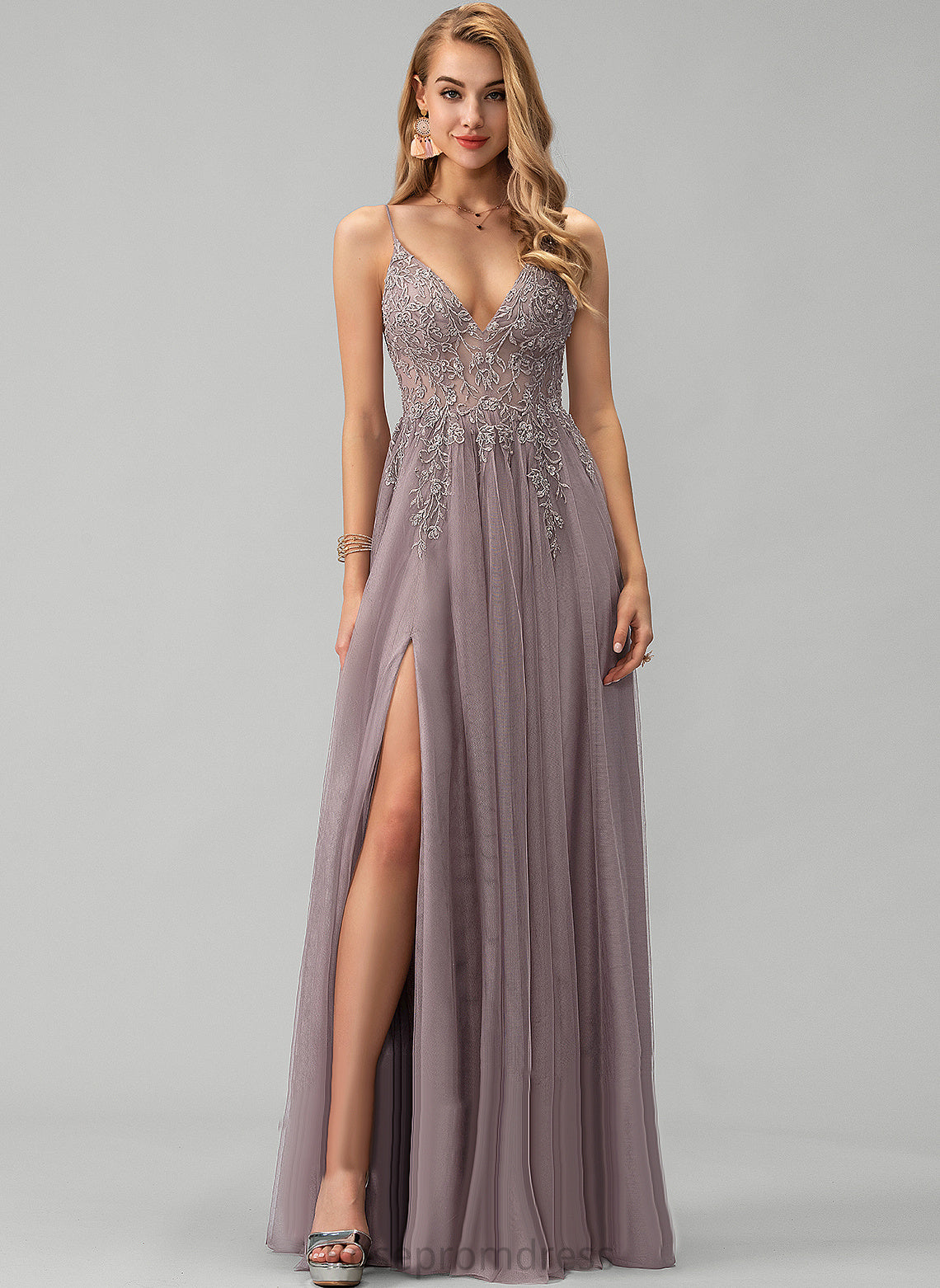 With Prom Dresses V-neck Beading A-Line Floor-Length Tulle Sequins Lace Hallie