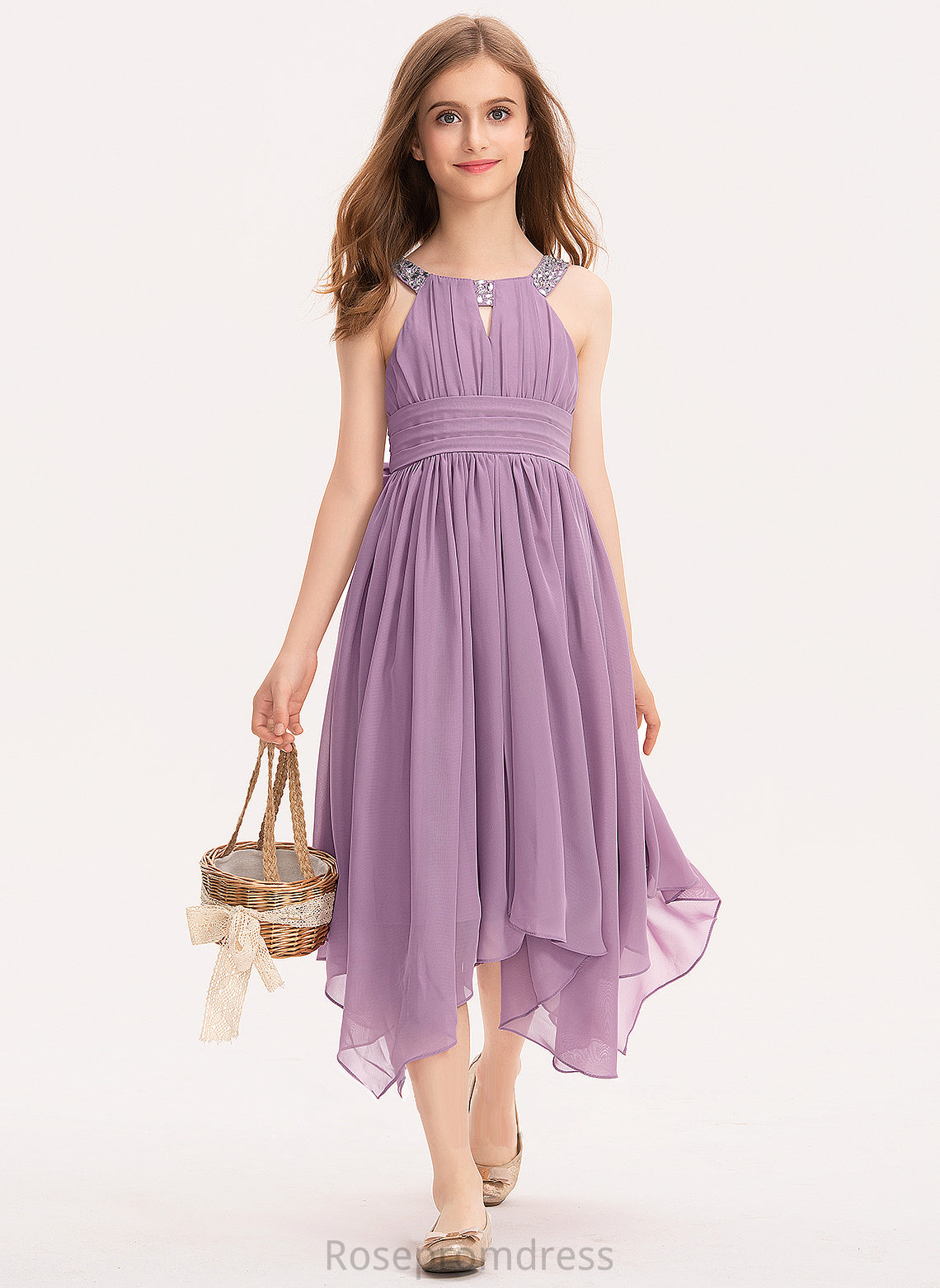 Bow(s) Tea-Length Ruffle Beading Scoop With Mylie Junior Bridesmaid Dresses Neck A-Line Chiffon