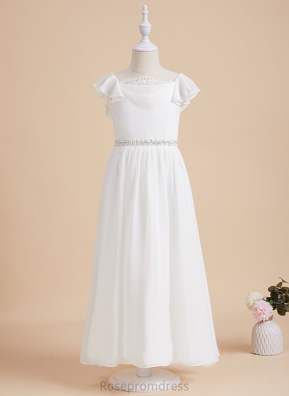 Scoop Flower - Chiffon/Lace Caitlyn Dress With Short Flower Girl Dresses Ankle-length Neck Sleeves Girl A-Line Beading