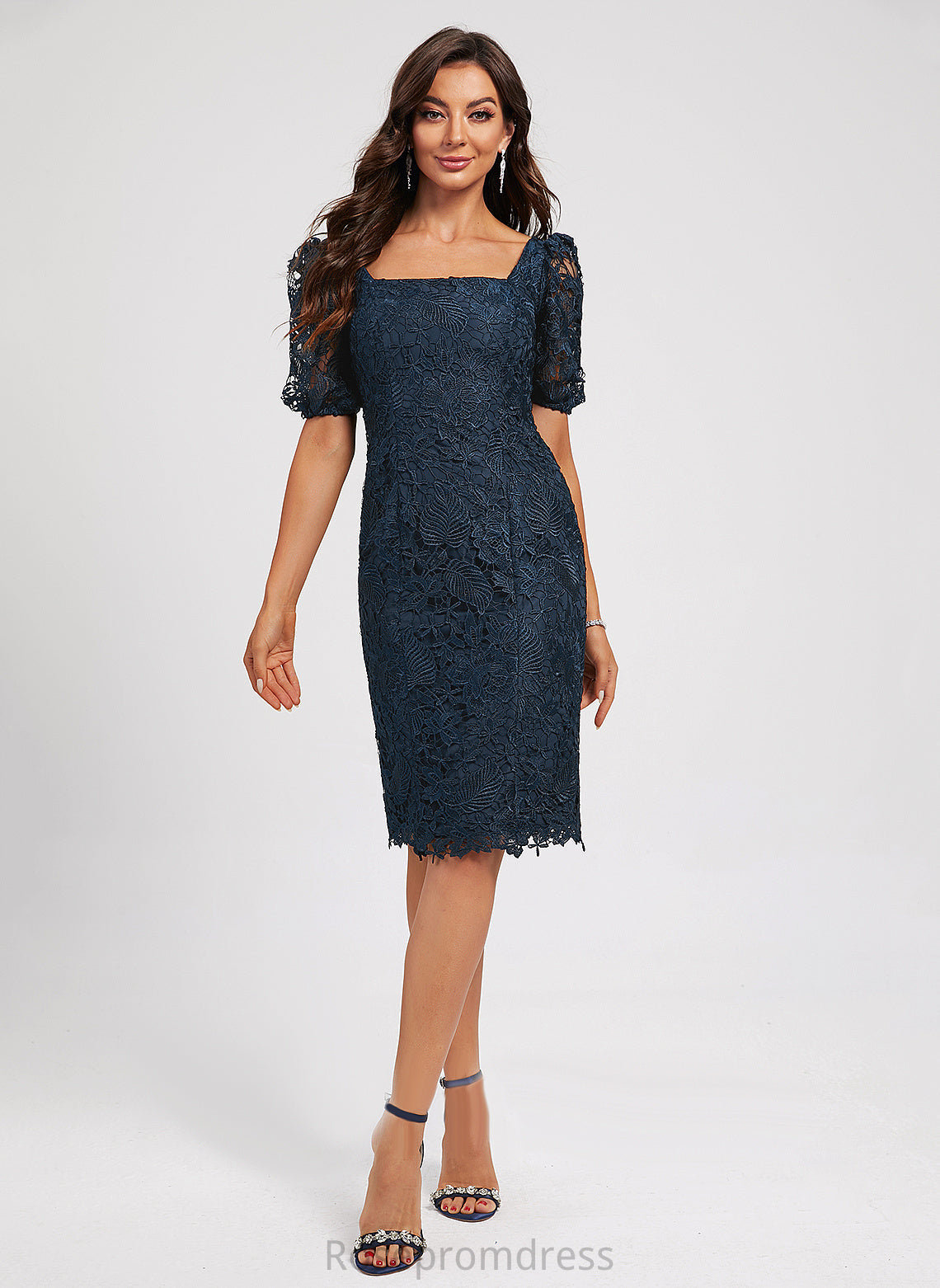 Knee-Length Square Sheath/Column Lace Julie Dress With Cocktail Lace Neckline Cocktail Dresses