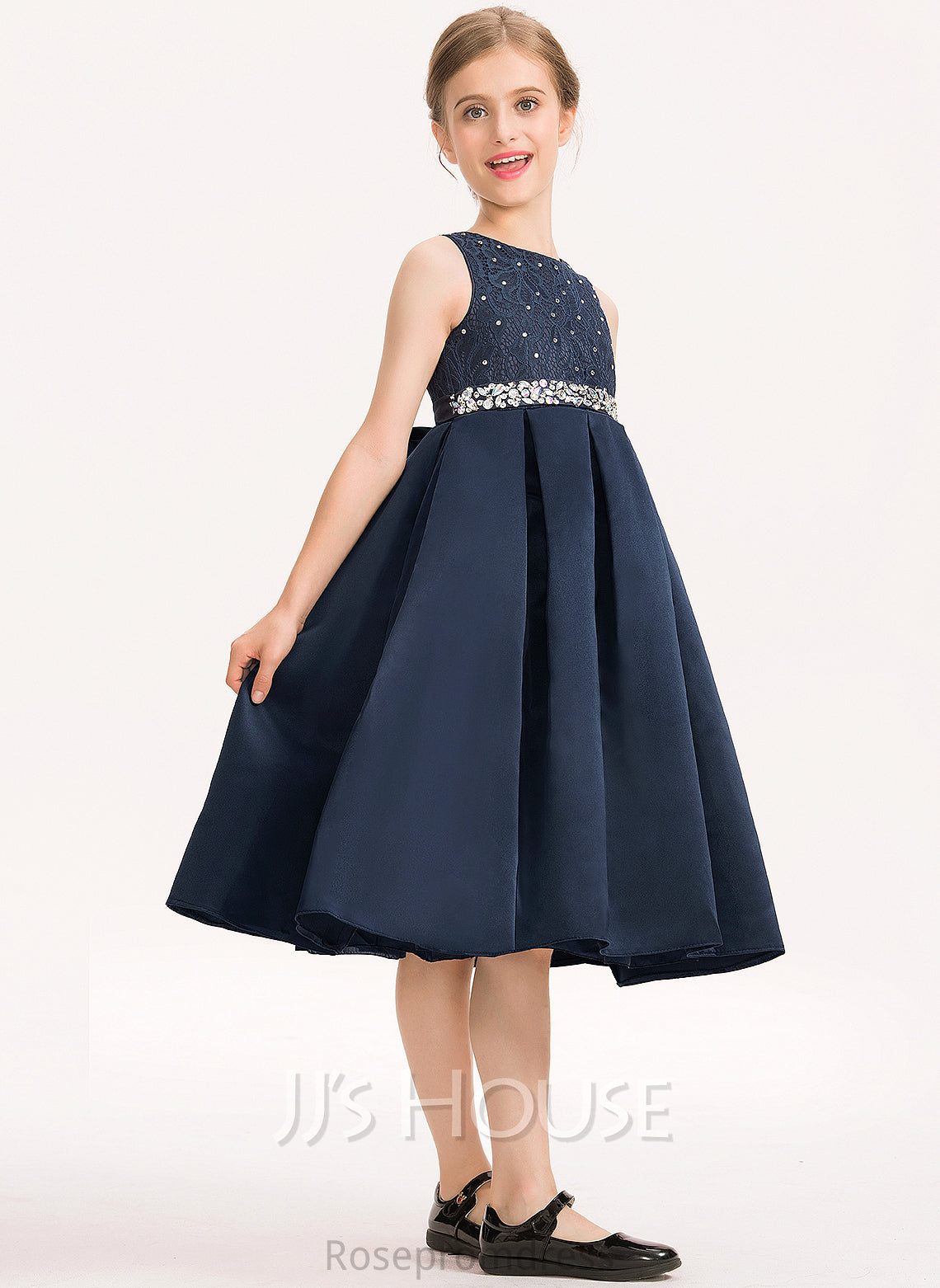 Scoop Knee-Length Isabella With A-Line Lace Bow(s) Satin Beading Neck Junior Bridesmaid Dresses