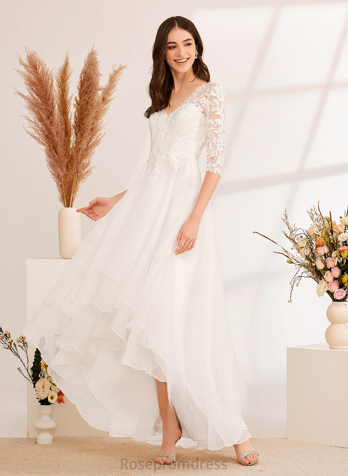 Lizeth Lace Dress Wedding Dresses Sequins Asymmetrical With Beading Tulle Wedding V-neck A-Line