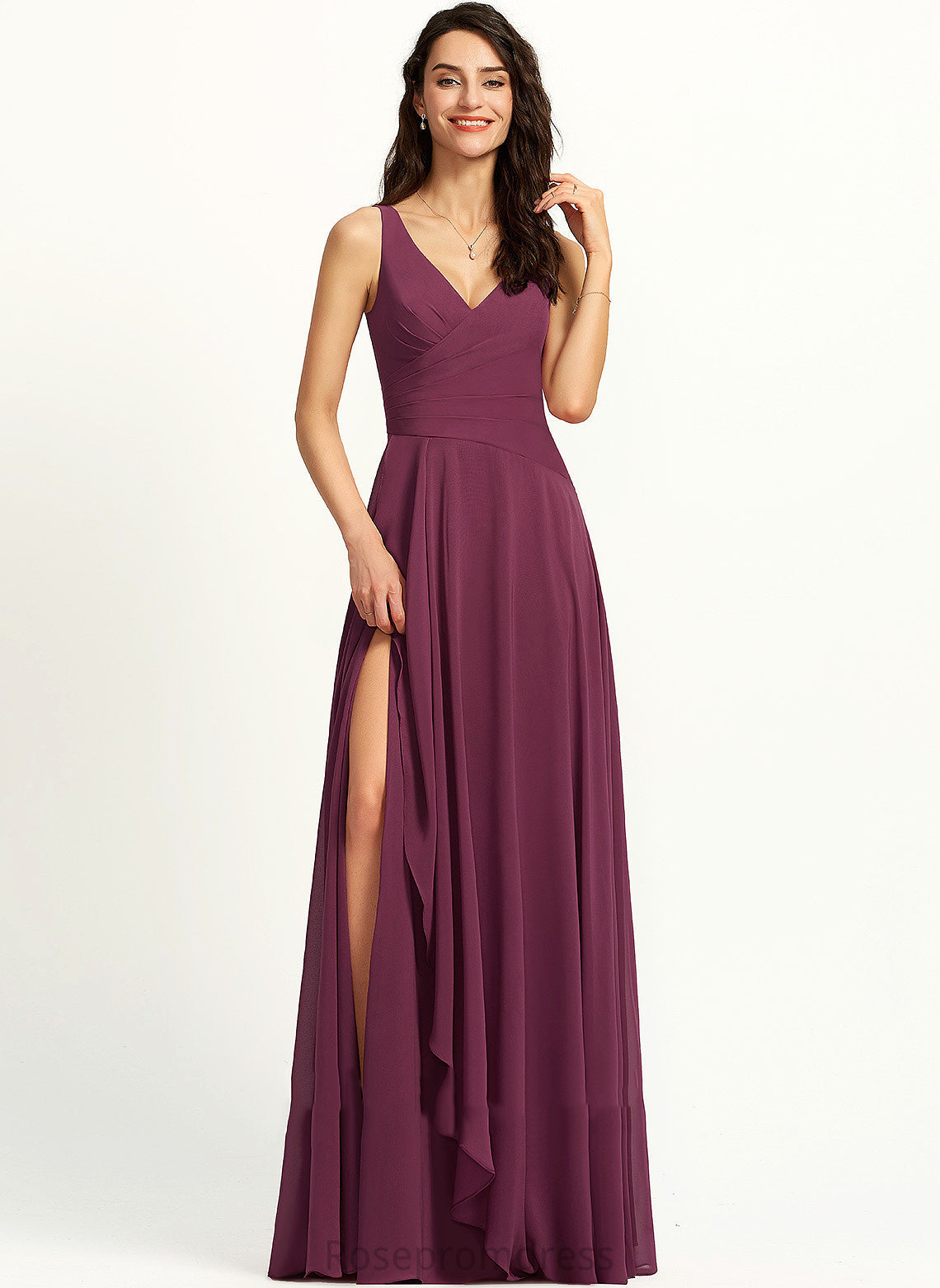 Floor-Length A-Line Embellishment Neckline SplitFront Silhouette Fabric Length V-neck Irene Bridesmaid Dresses