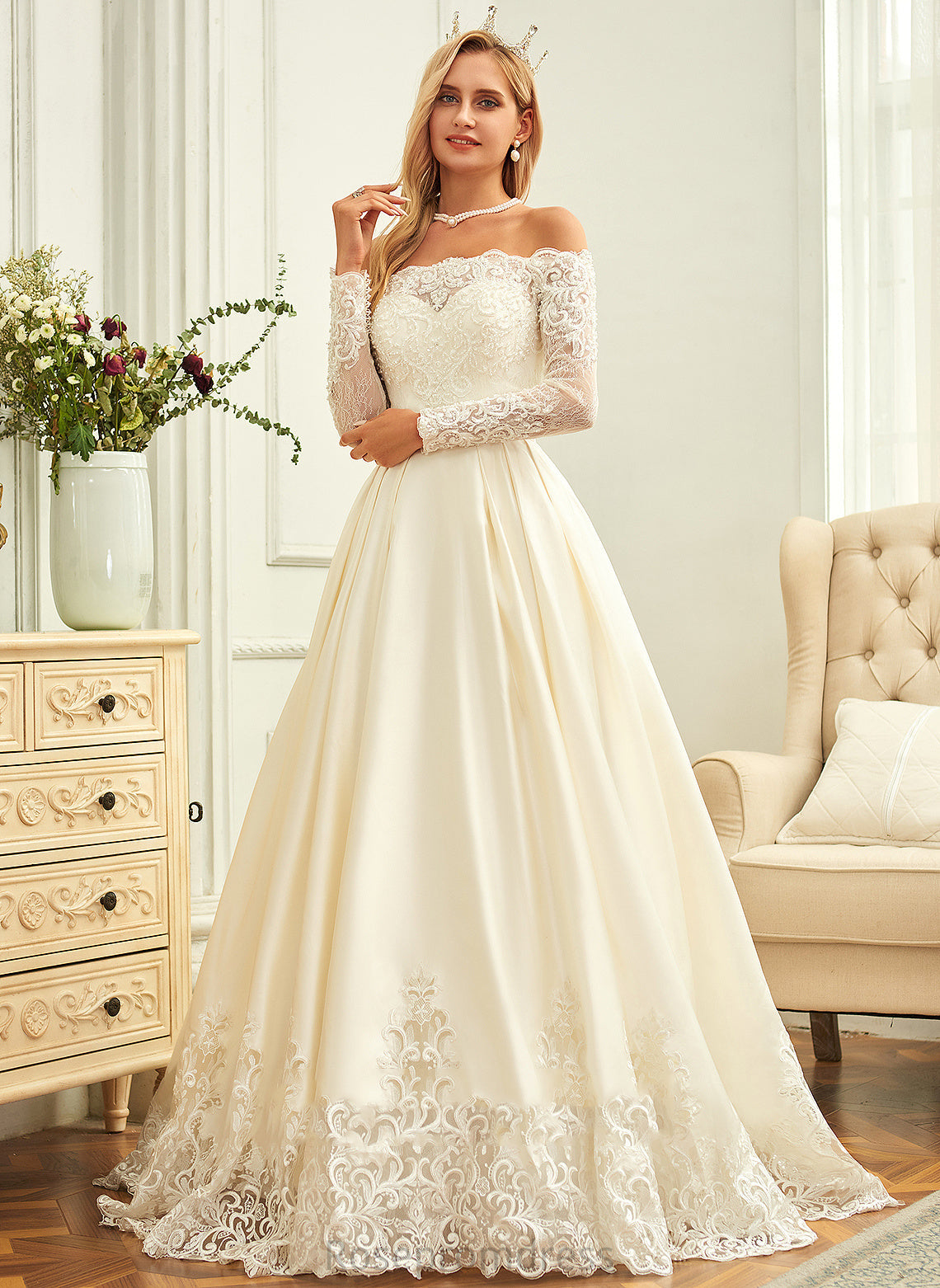 Alaina Sweep Off-the-Shoulder Wedding Sequins Wedding Dresses Lace Ball-Gown/Princess Train Dress With Beading Satin