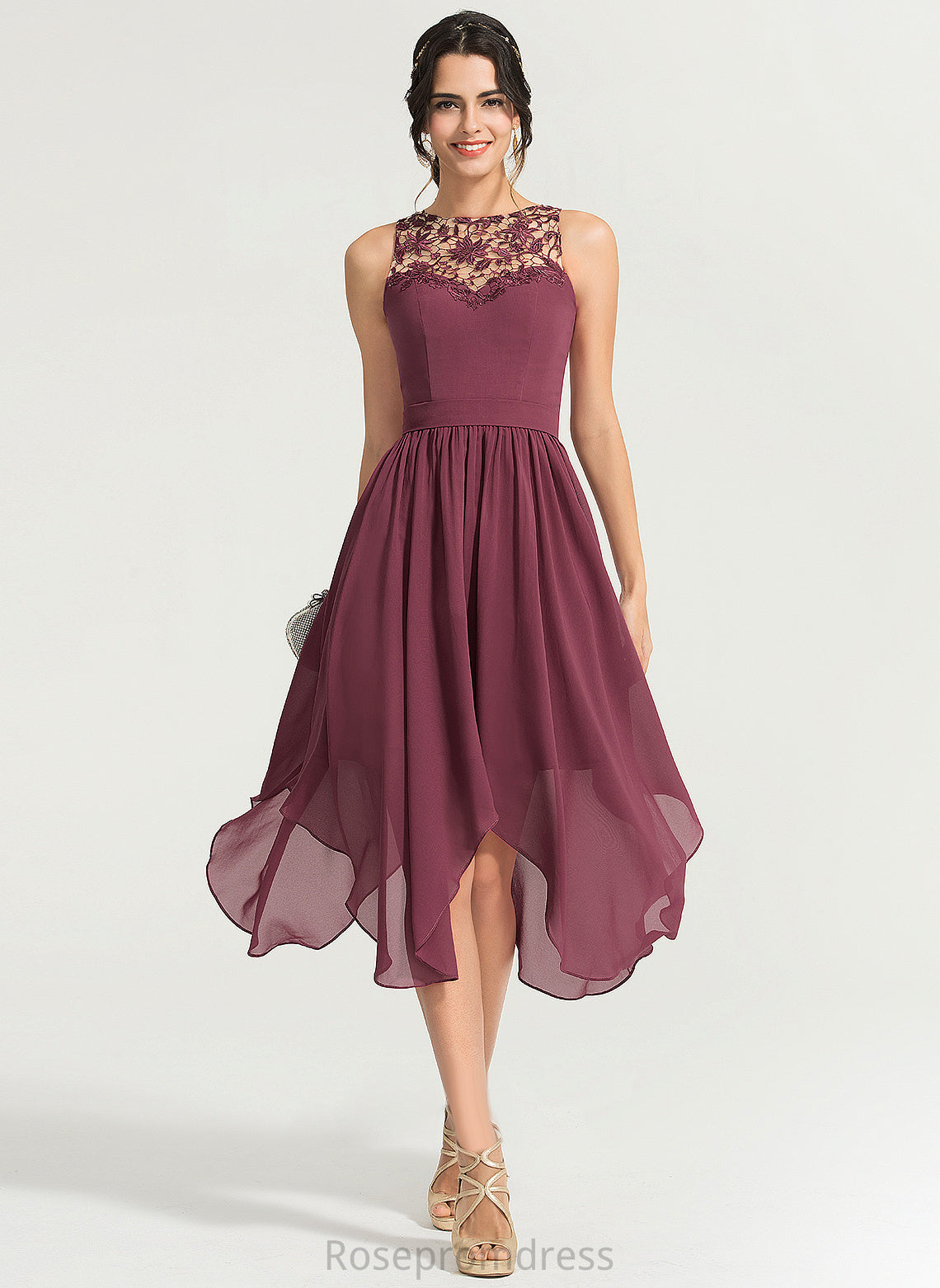 Scoop Asymmetrical A-Line Cocktail Dresses Chiffon Cocktail Dress Lace Rylee Neck