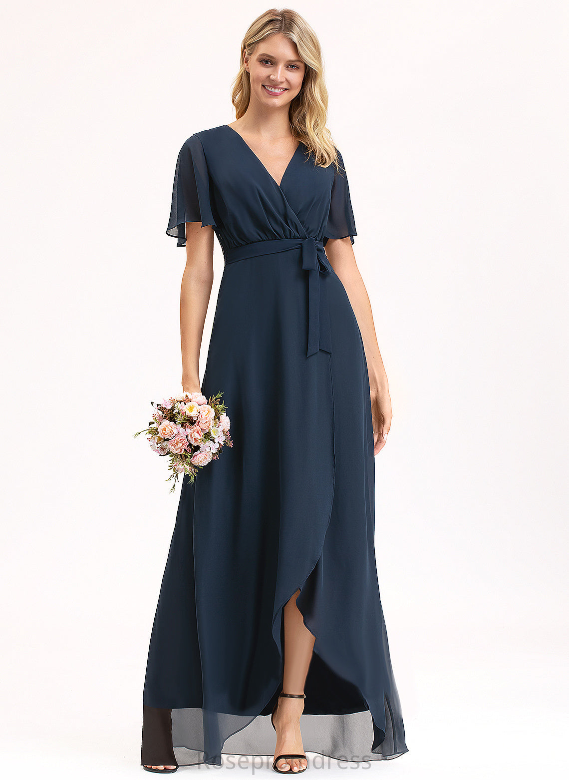 Length Silhouette Embellishment Bow(s) V-neck Neckline Fabric Asymmetrical Pleated A-Line Giada Natural Waist Bridesmaid Dresses