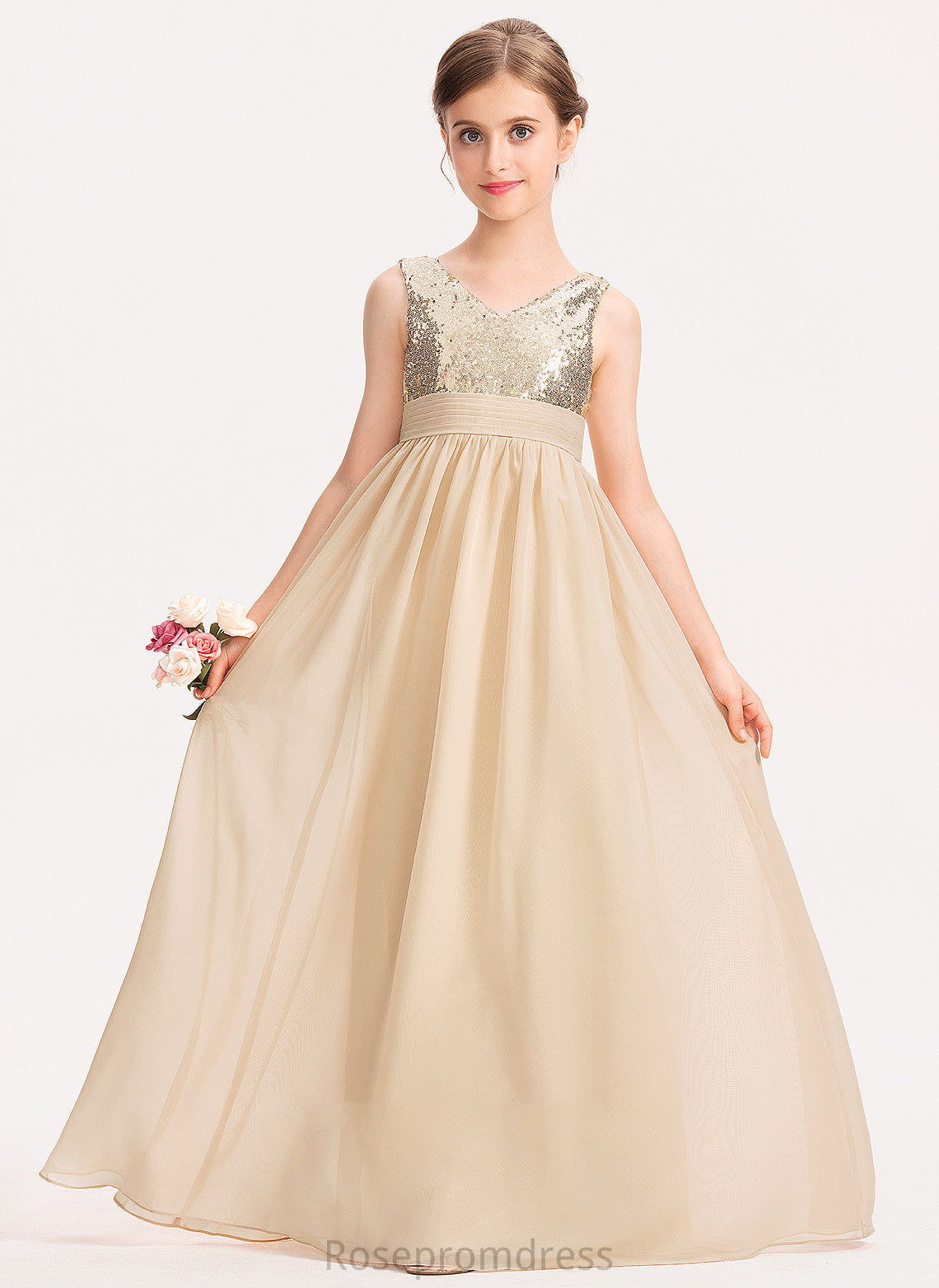 Sequined Chiffon Meg Junior Bridesmaid Dresses V-neck A-Line With Ruffle Floor-Length