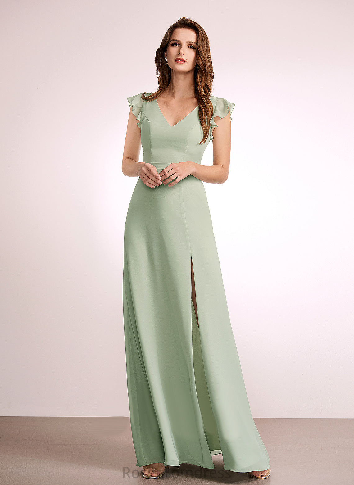 Embellishment A-Line V-neck Silhouette Fabric Length SplitFront Neckline Floor-Length Cristal Sleeveless Natural Waist Bridesmaid Dresses