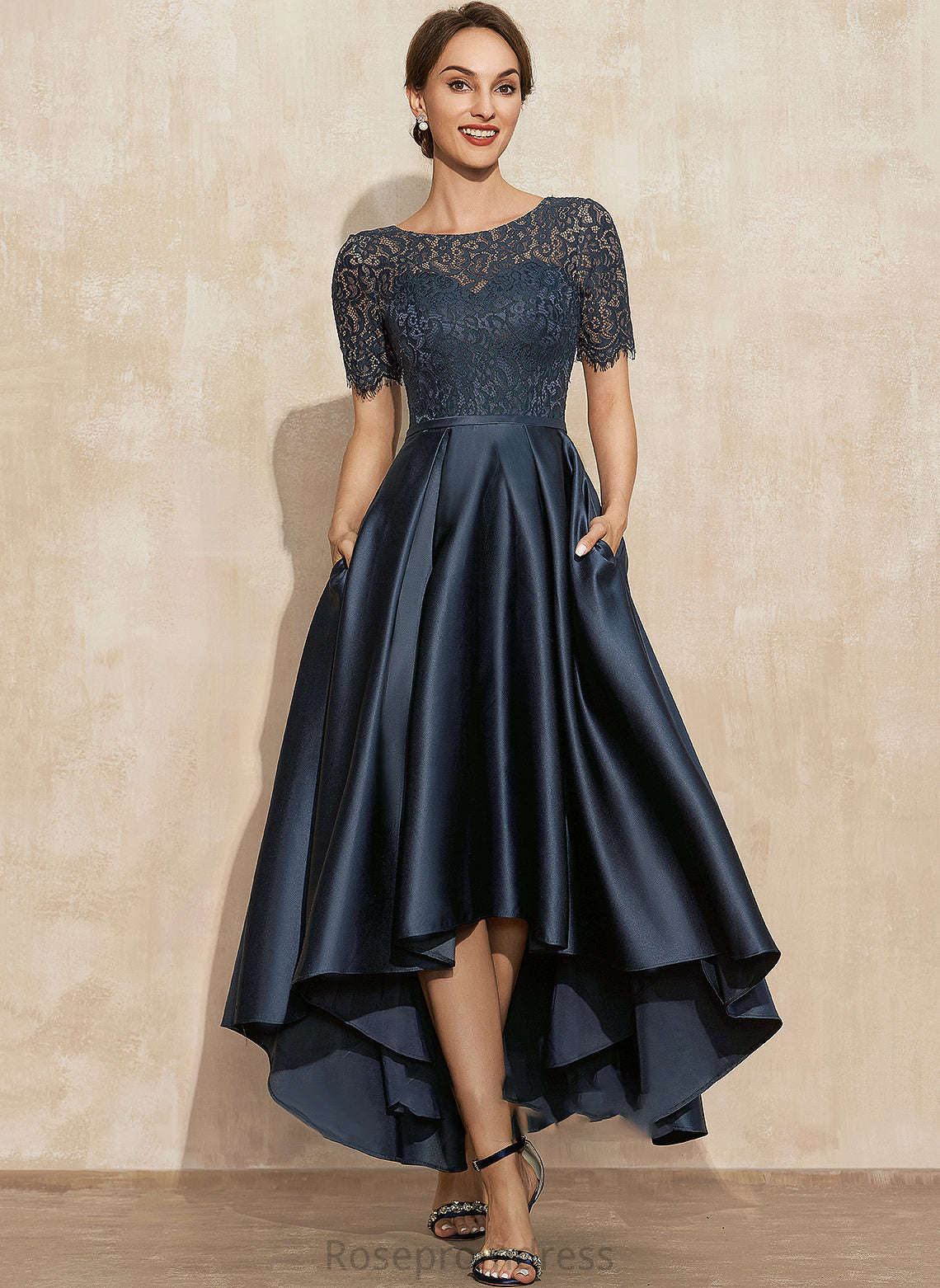 Mother the Mother of the Bride Dresses Pockets Bride of Zoie Scoop With Satin Neck Asymmetrical Lace A-Line Dress