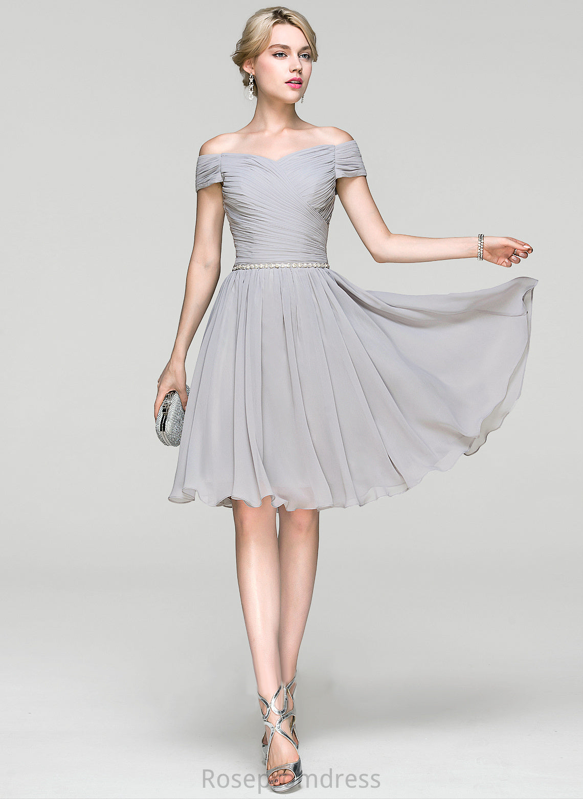 Dress Beading Cocktail Cocktail Dresses Kaylen Knee-Length Ruffle Off-the-Shoulder A-Line With Chiffon