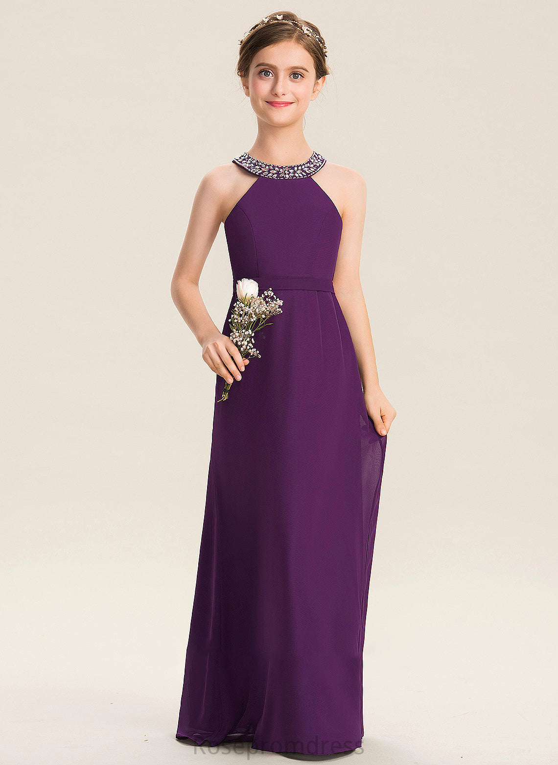 Beading Junior Bridesmaid Dresses A-Line With Scoop Macie Chiffon Bow(s) Floor-Length Neck