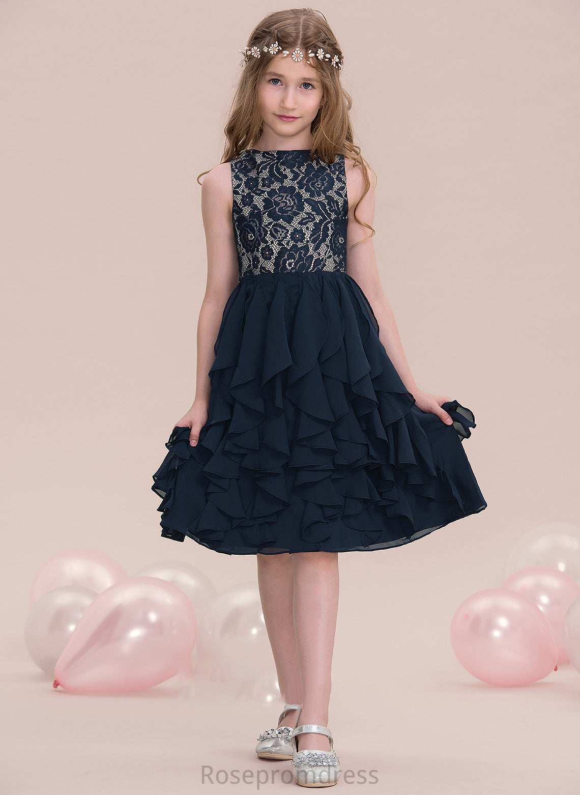 Knee-Length Ruffles A-Line Karlee Junior Bridesmaid Dresses Scoop Chiffon With Cascading Neck