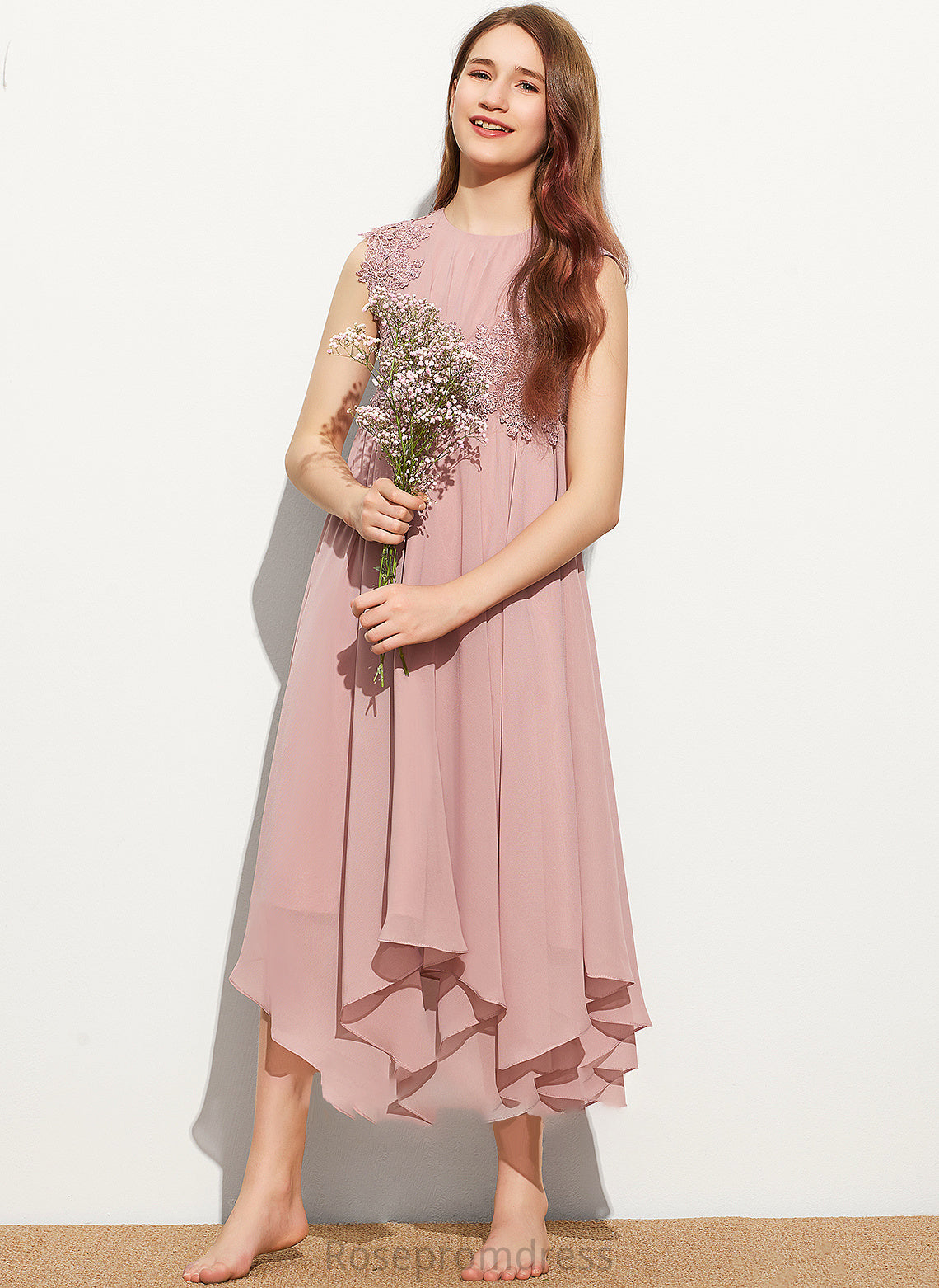 Tea-Length Junior Bridesmaid Dresses Scoop Tess Neck A-Line Chiffon Lace