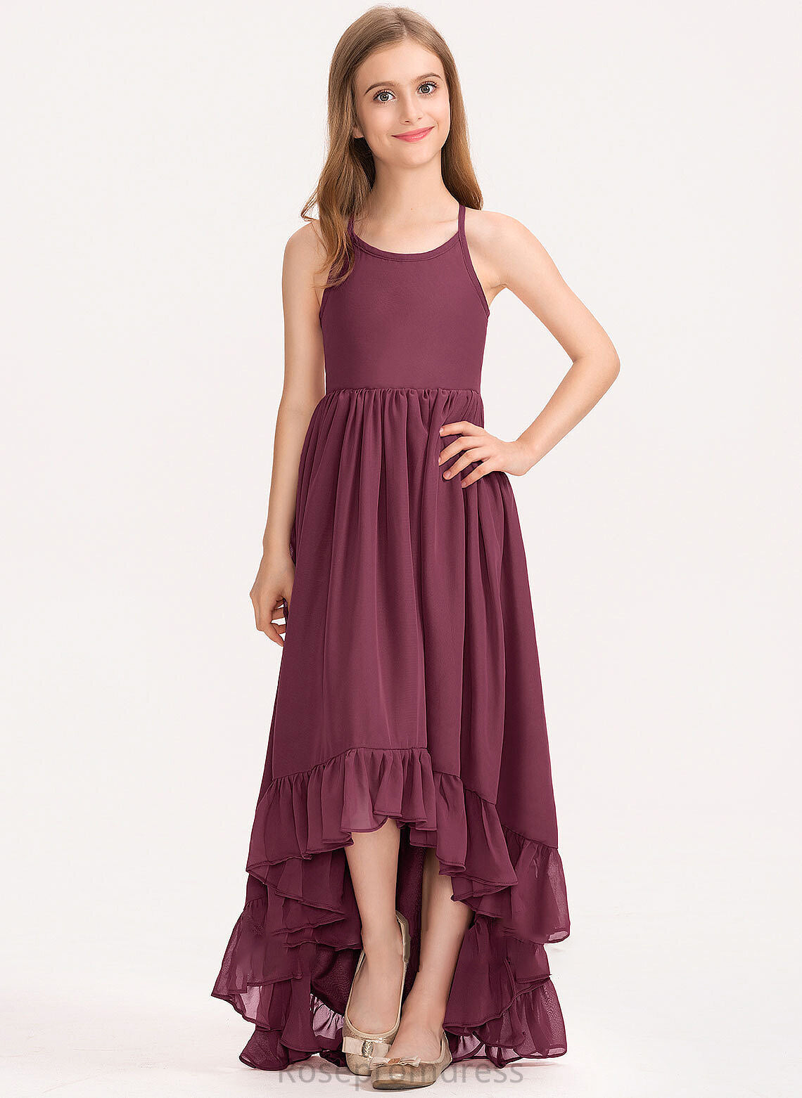 Neck Bow(s) Ruffles Asymmetrical With Marely Junior Bridesmaid Dresses Scoop Cascading Chiffon A-Line