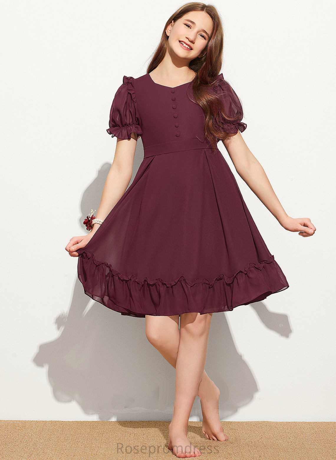 Neck With Scoop Bow(s) Cascading Ruffles Ava Knee-Length A-Line Junior Bridesmaid Dresses Chiffon