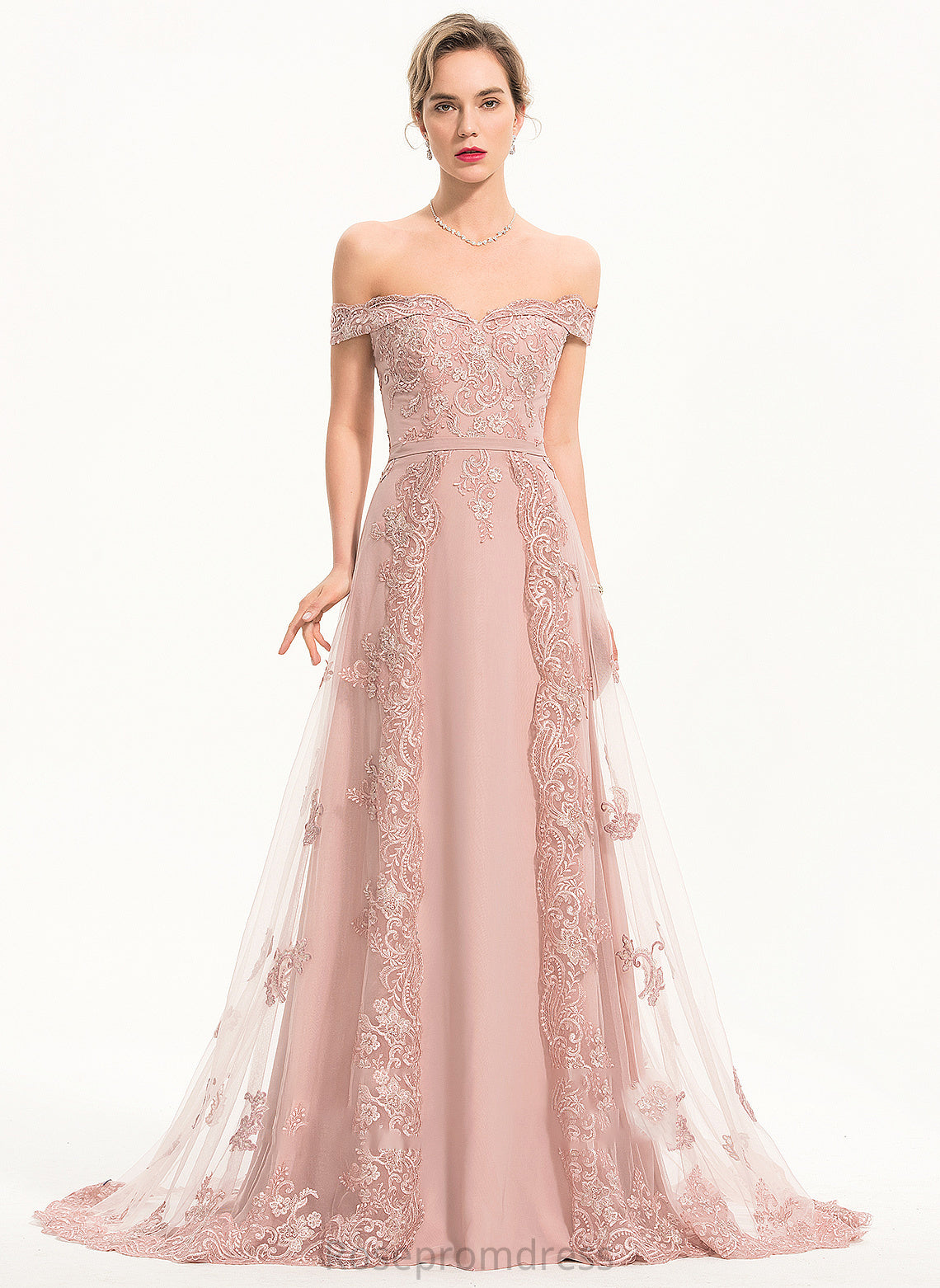 Tulle A-Line Train Prom Dresses Chiffon Sweep Off-the-Shoulder With Savanah Sequins