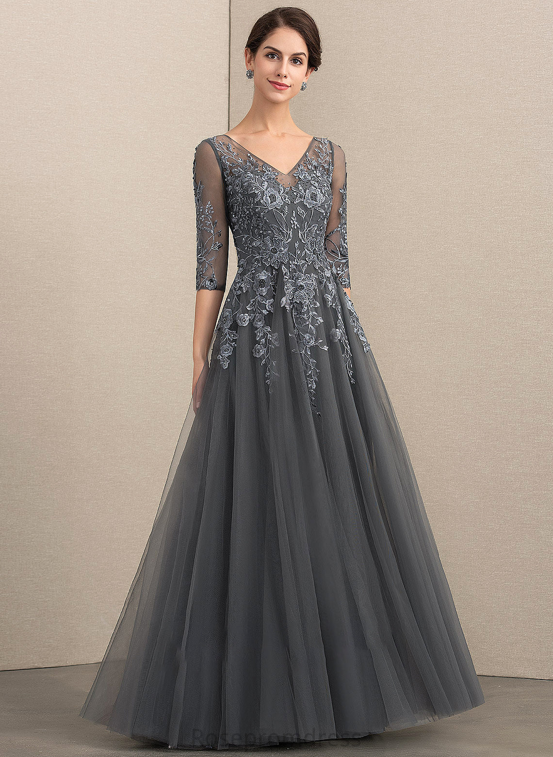 With A-Line Beading Lace V-neck Mother Bride Sequins Dress of the Mother of the Bride Dresses Cameron Floor-Length Tulle