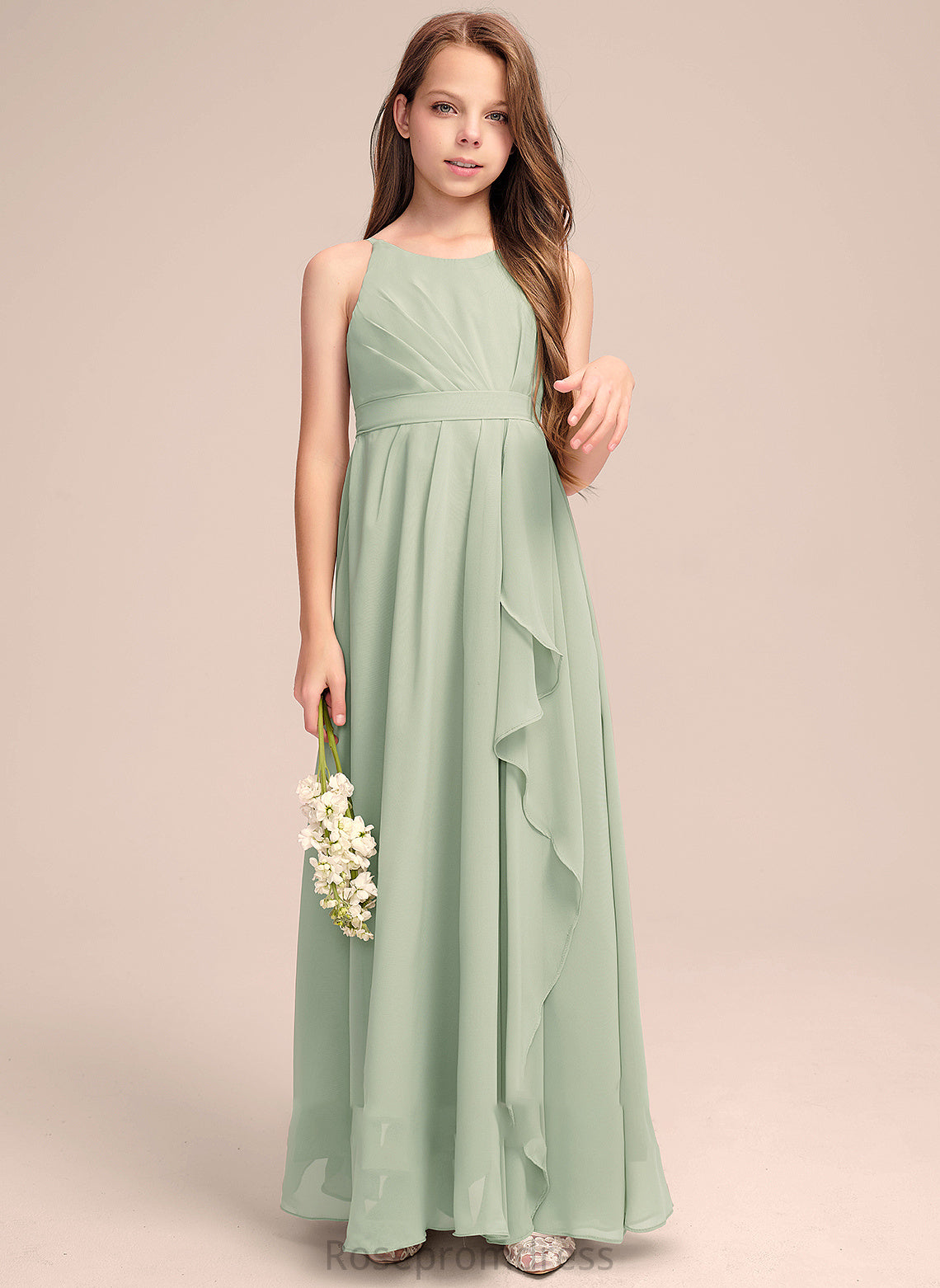 A-Line Floor-Length With Neck Chiffon Junior Bridesmaid Dresses Jacquelyn Ruffles Scoop Cascading