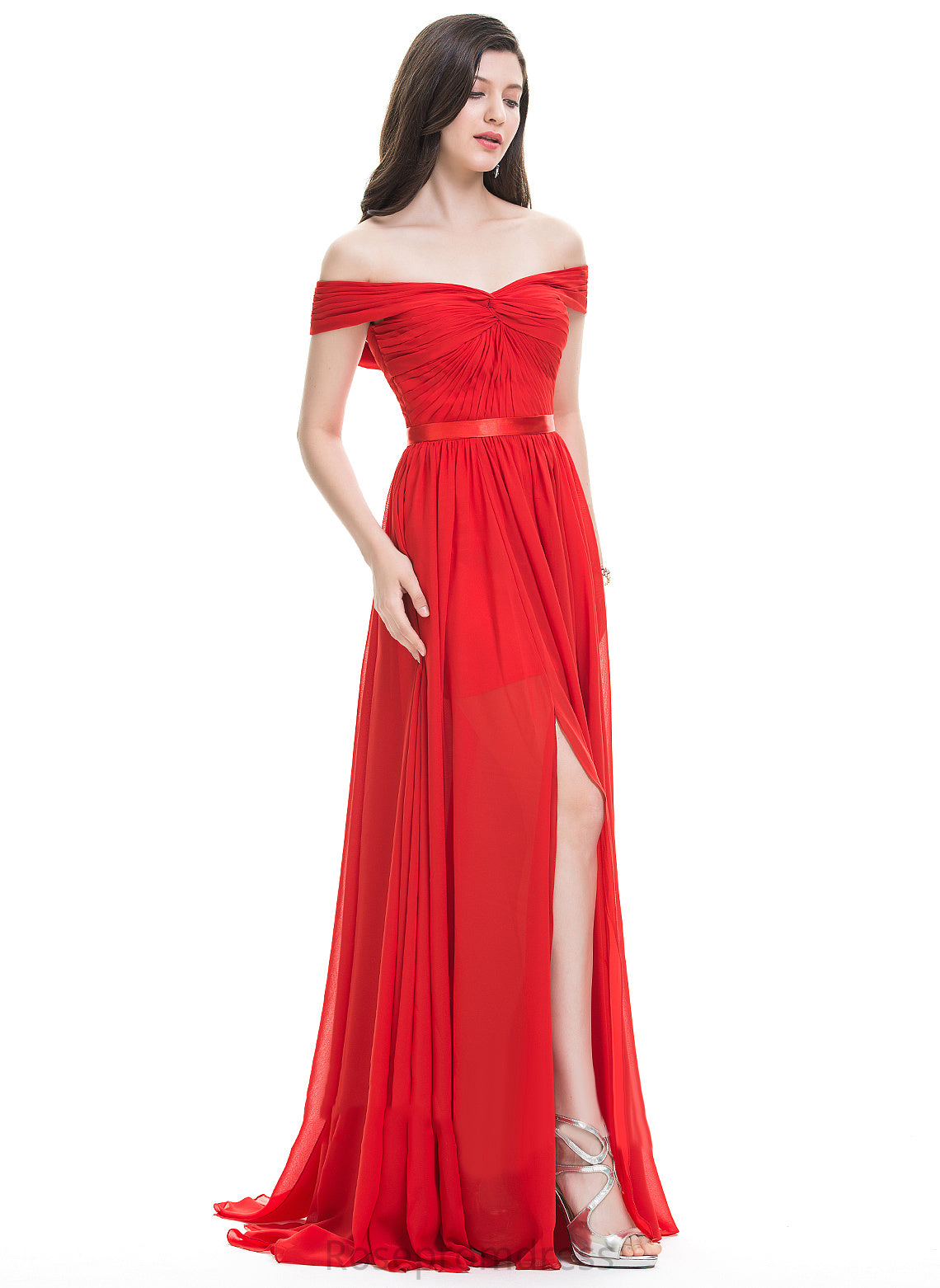 Off-the-Shoulder Neckline Ruffle Fabric SplitFront Silhouette A-Line Length Embellishment SweepTrain Dalia Bridesmaid Dresses