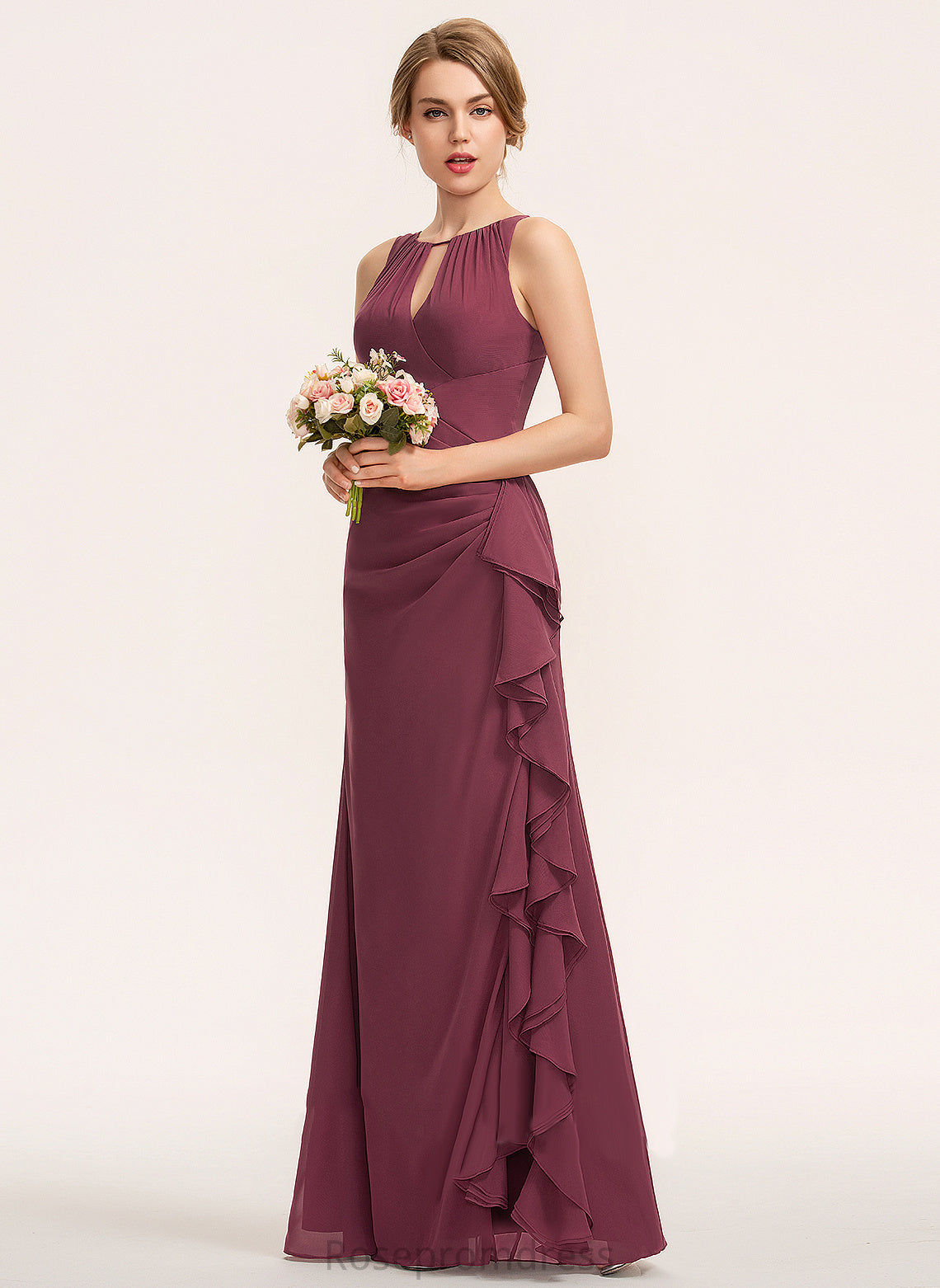 Silhouette Neckline Scoop Length Sheath/Column Fabric Floor-Length Embellishment CascadingRuffles Roselyn Floor Length Sleeveless Bridesmaid Dresses