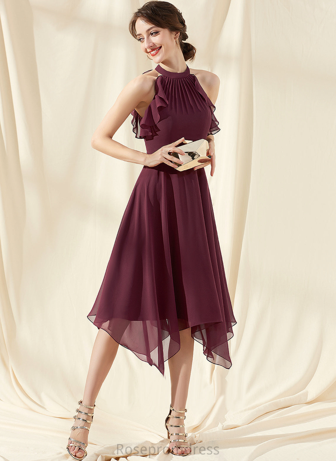 Tea-Length With Talia Dress Cocktail Dresses Chiffon Cascading Neck A-Line Cocktail Ruffles Scoop