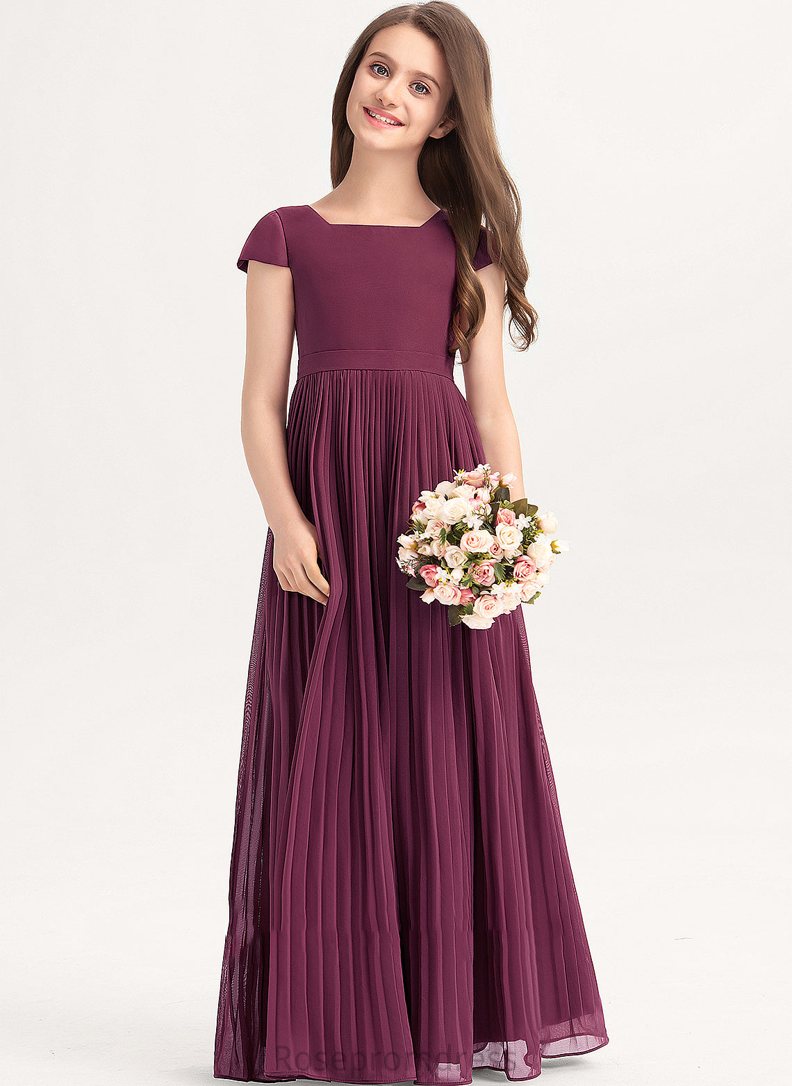 Junior Bridesmaid Dresses Winnie With Chiffon Pleated Floor-Length Square Bow(s) Lace A-Line Neckline