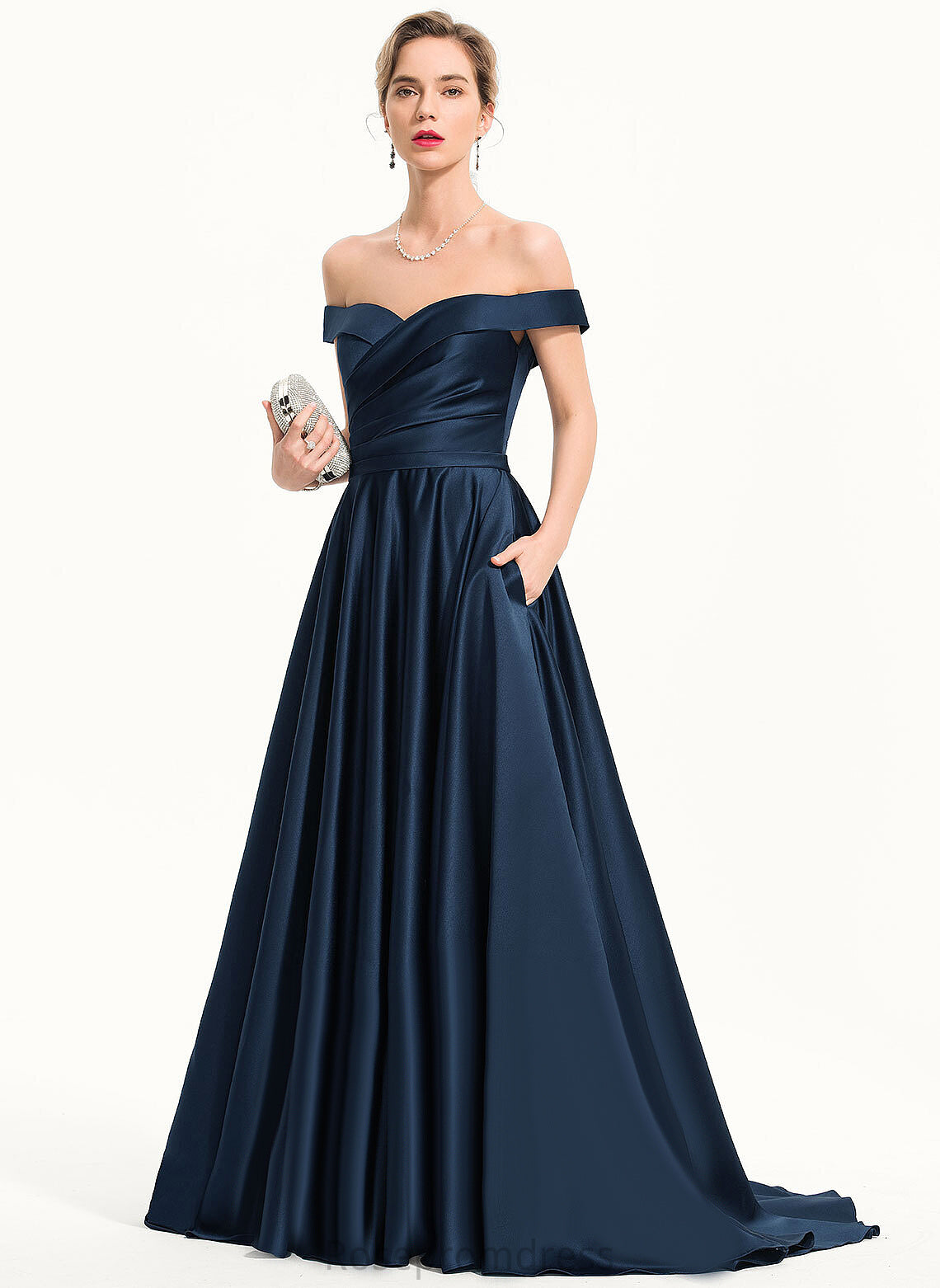 Train Sweep Ball-Gown/Princess With Evelyn Satin Pleated Off-the-Shoulder Prom Dresses