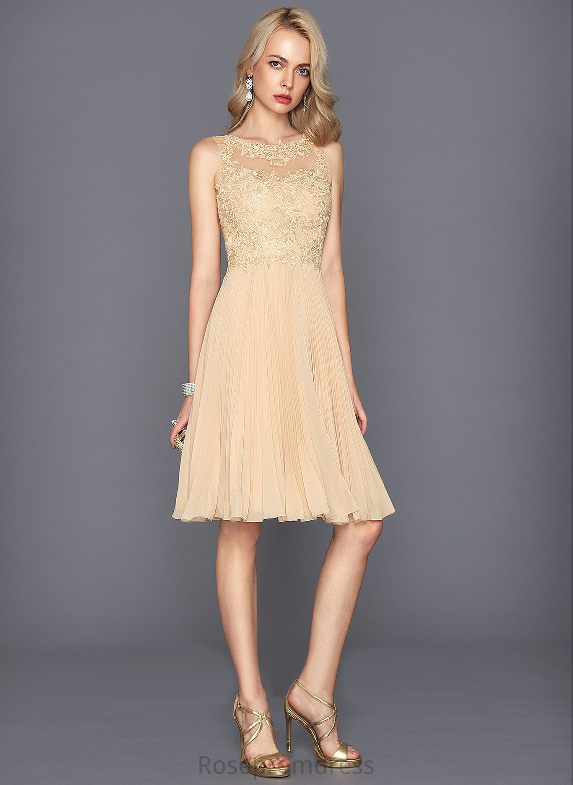 Pleated Cocktail Lace Neck Dress A-Line Knee-Length Carly Scoop Chiffon With Cocktail Dresses