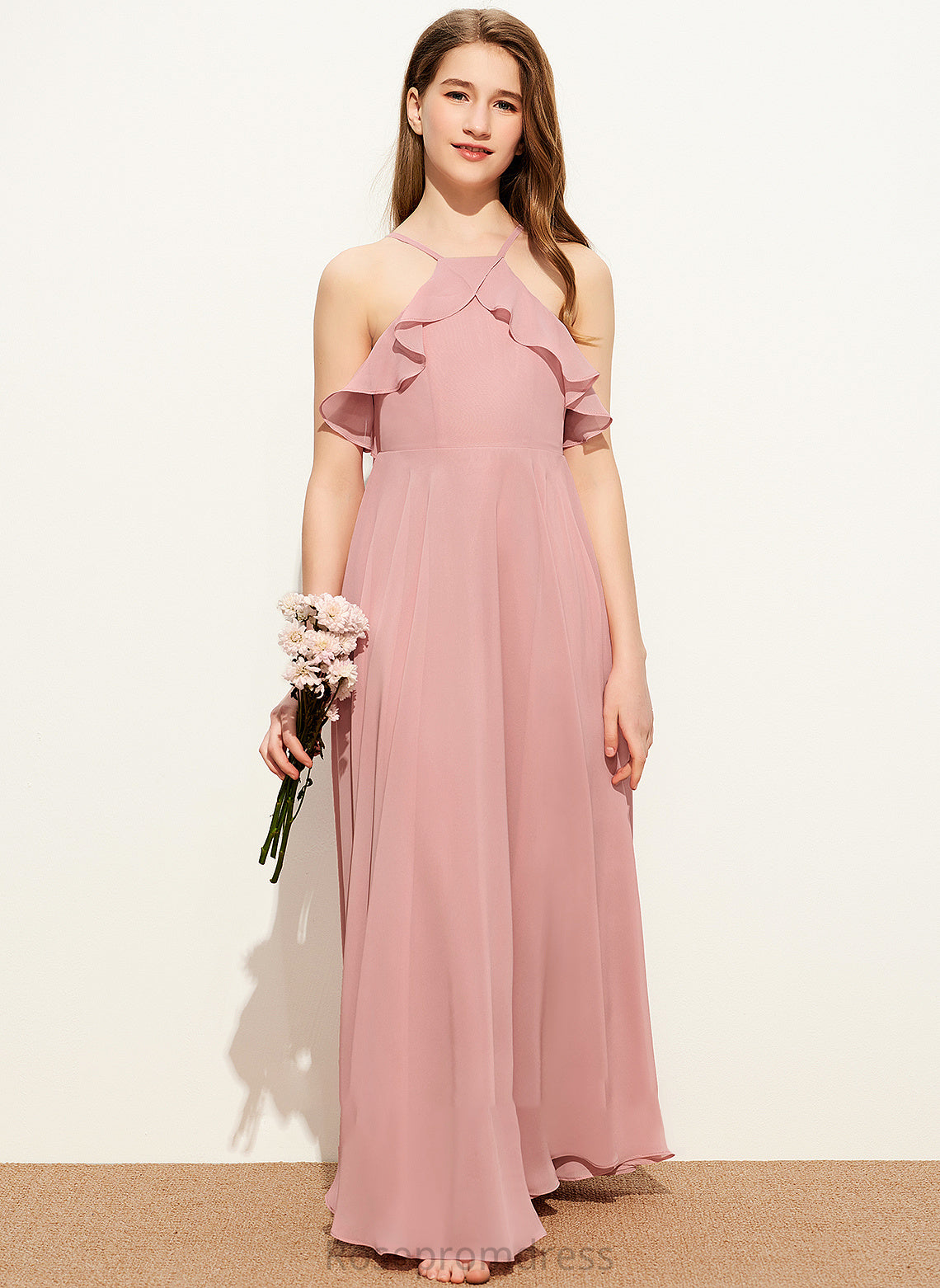 Floor-Length Sanai Ruffles Junior Bridesmaid Dresses Square Cascading Chiffon With A-Line Neckline