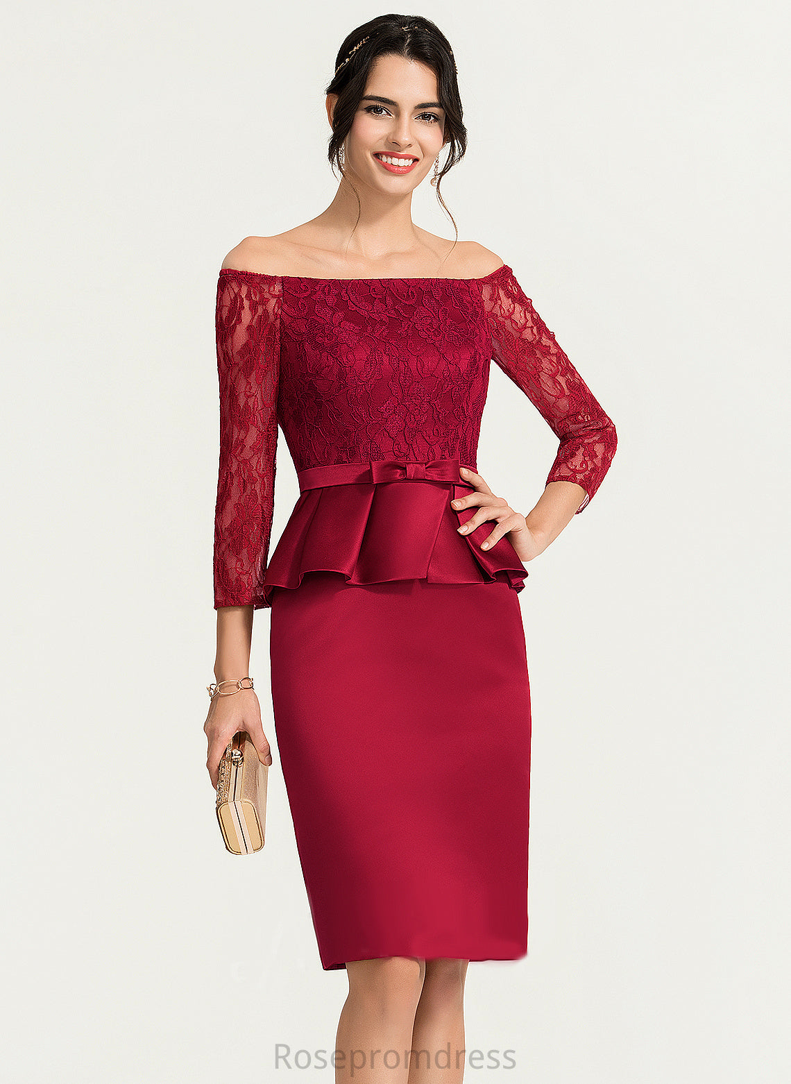 Cocktail Satin Sheath/Column Lace Off-the-Shoulder Knee-Length Dress Cocktail Dresses Miriam