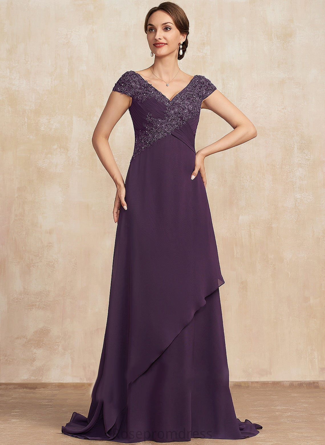 Tiffany A-Line Lace Bride Chiffon Mother Train Sweep Beading Ruffle V-neck Dress With of Mother of the Bride Dresses the