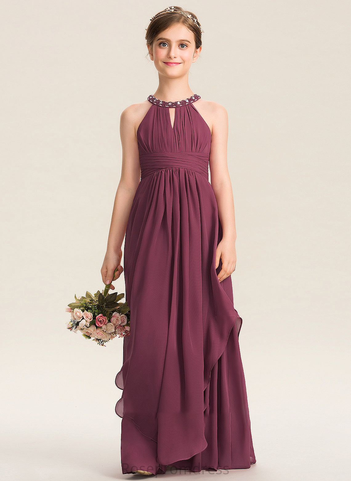 Beading Junior Bridesmaid Dresses Ruffle Jolie Neck With Floor-Length Scoop A-Line Chiffon