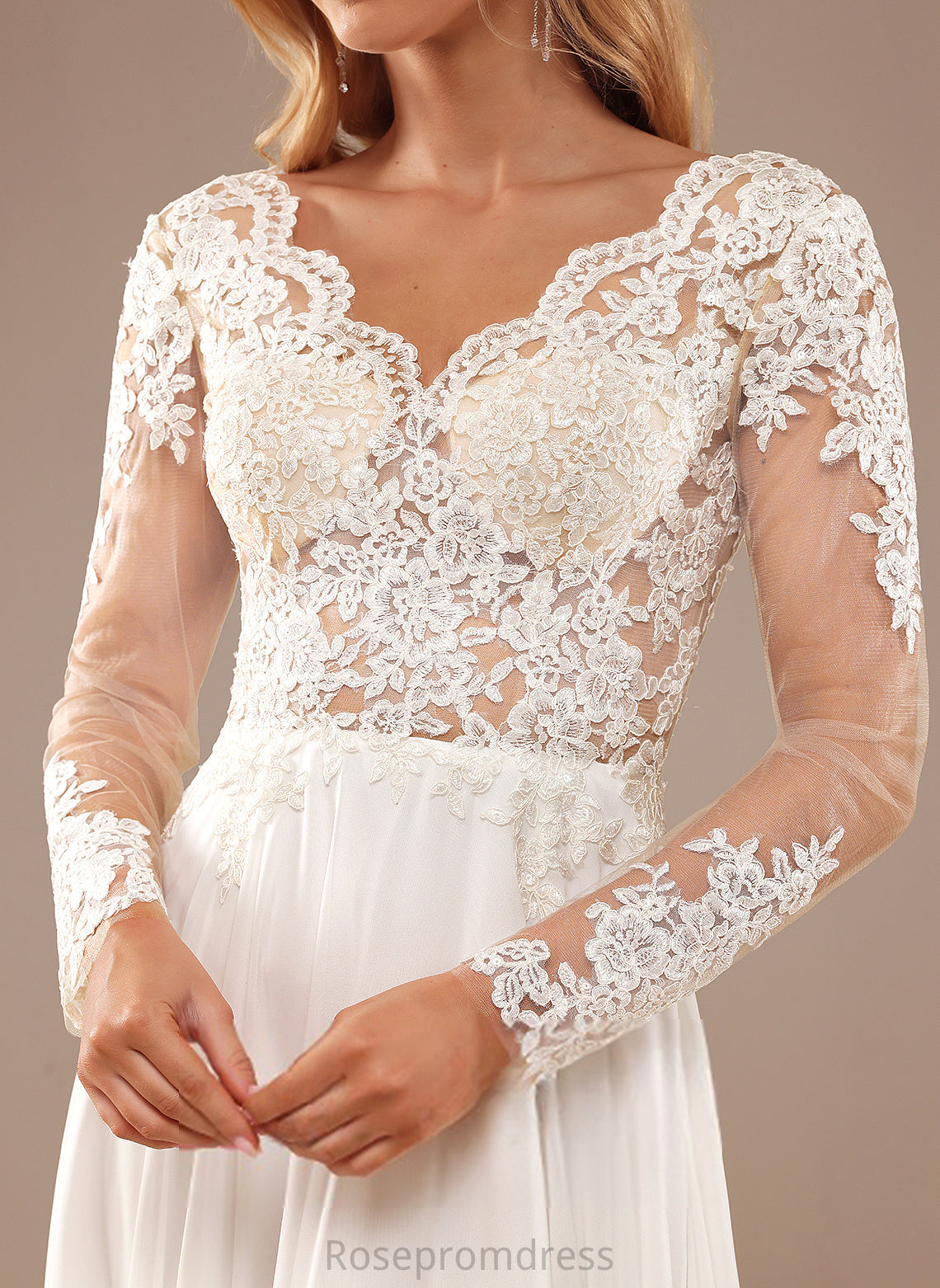 A-Line Wedding Dresses With Sequins Wedding V-neck Lace Lace Chiffon Floor-Length Dress Adrienne