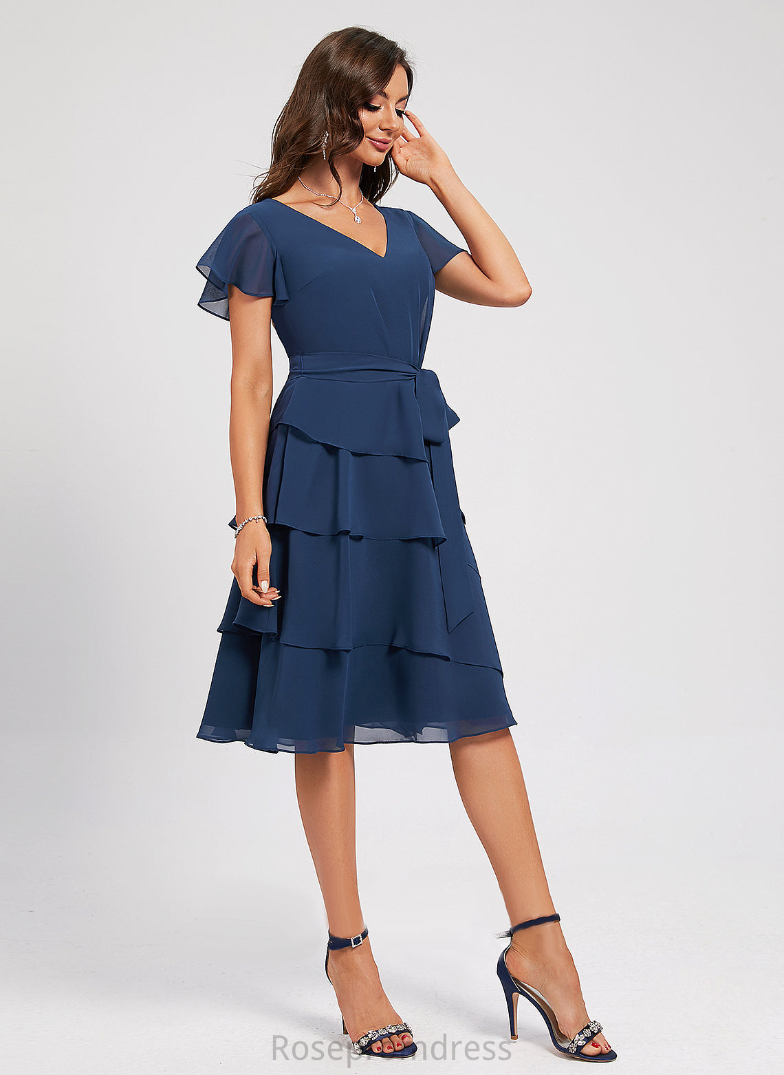 Ruffle Chiffon Dress Knee-Length Sash A-Line With V-neck Cocktail Chloe Cocktail Dresses