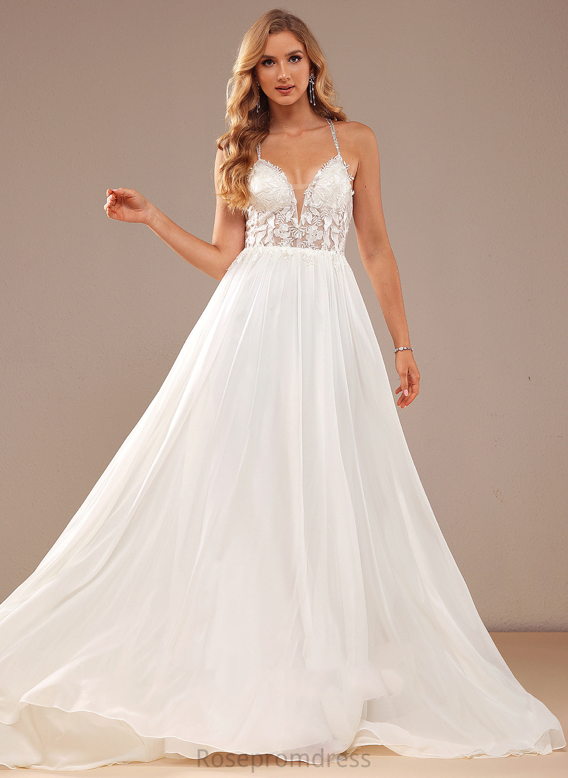 Dress Train Wedding Dresses A-Line V-neck Wedding Sequins With Beading Lace Harmony Chiffon Lace Sweep