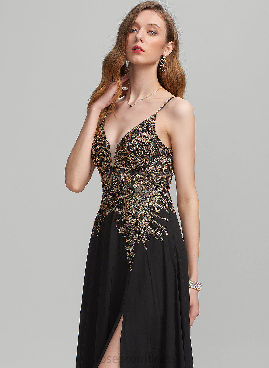 With Sequins Chiffon Prom Dresses V-neck Floor-Length Lace A-Line Front Split Aisha