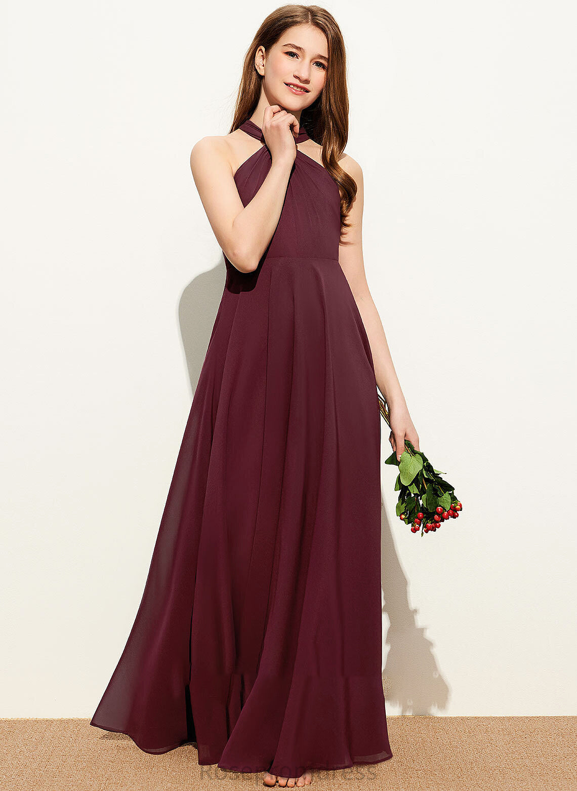 Ruffle Johanna Junior Bridesmaid Dresses With Chiffon Floor-Length V-neck A-Line