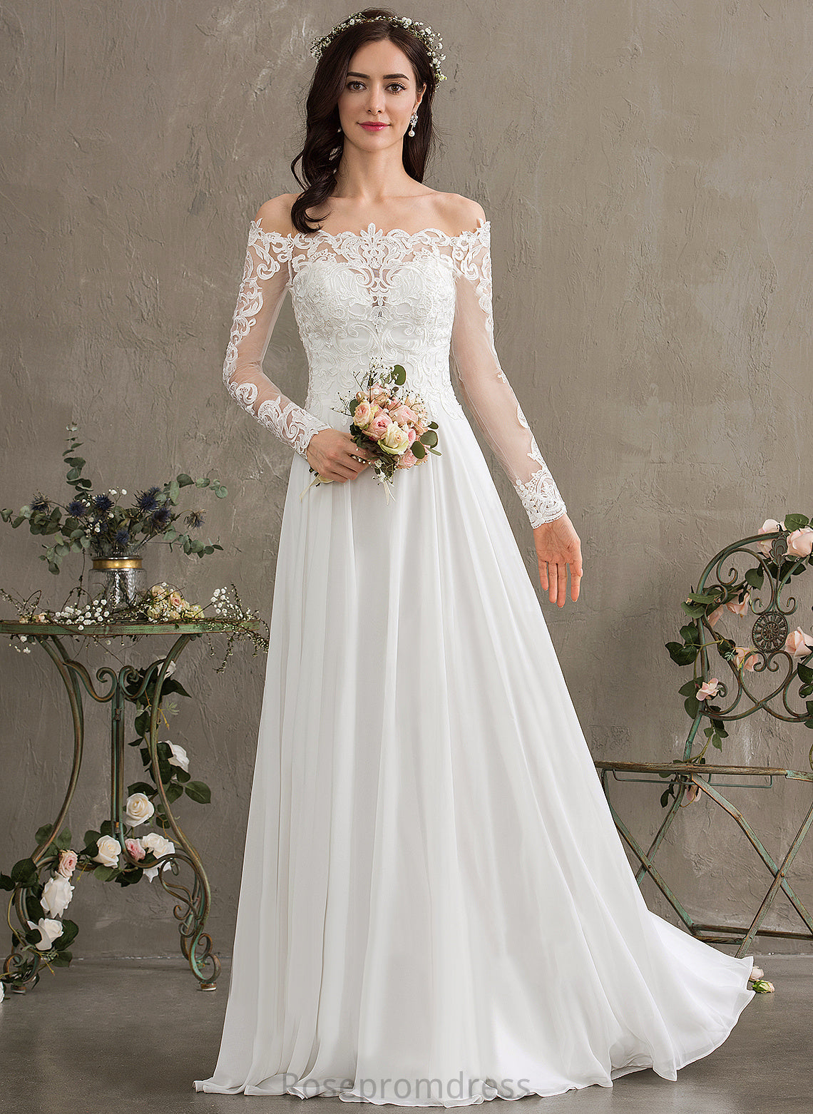 Chiffon Wedding Dresses A-Line With Lace Floor-Length Dress Off-the-Shoulder Karissa Wedding Lace