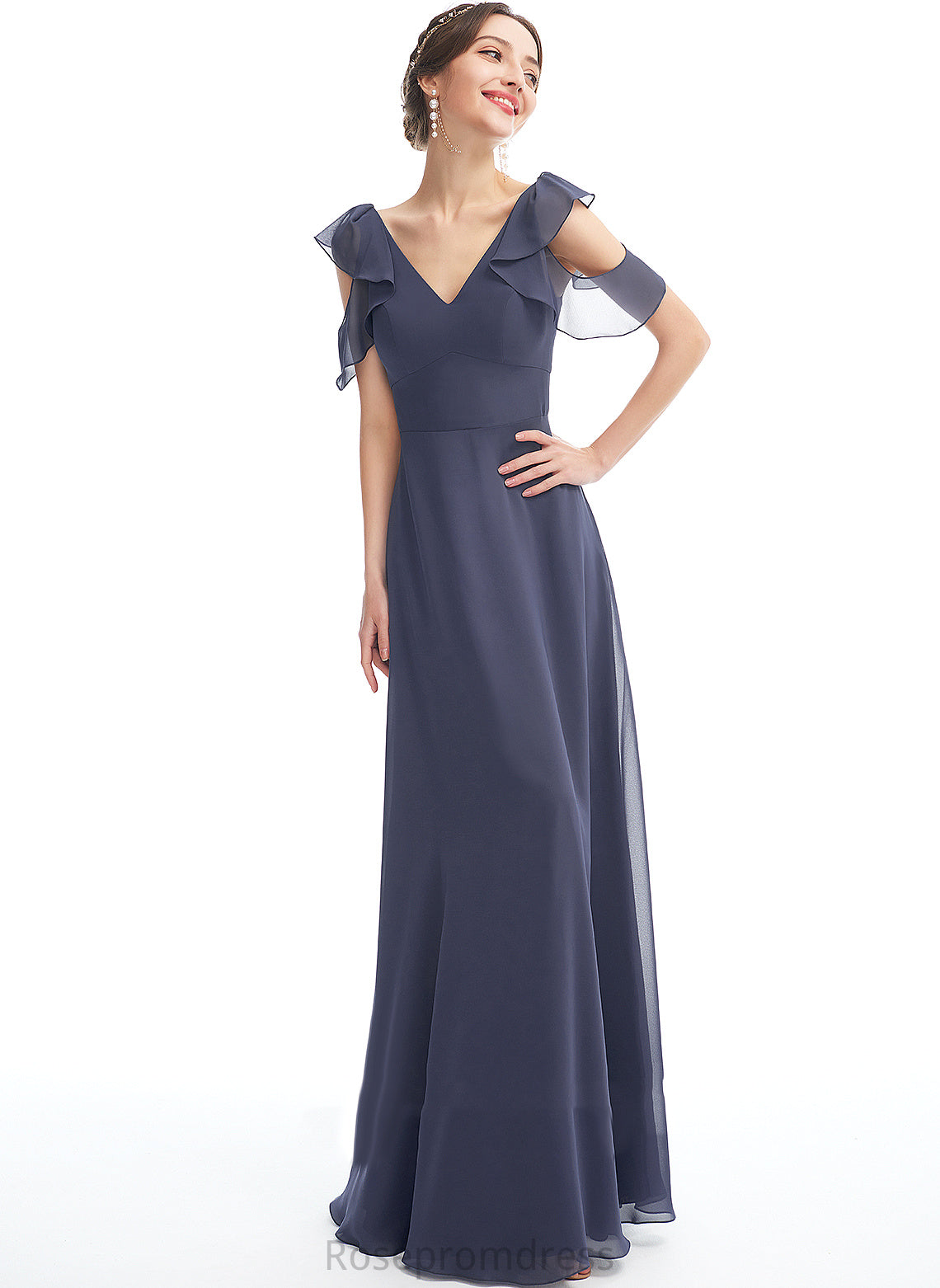 Silhouette A-Line Embellishment Floor-Length Neckline Fabric Ruffle Length V-neck Madelyn A-Line/Princess Sleeveless Bridesmaid Dresses