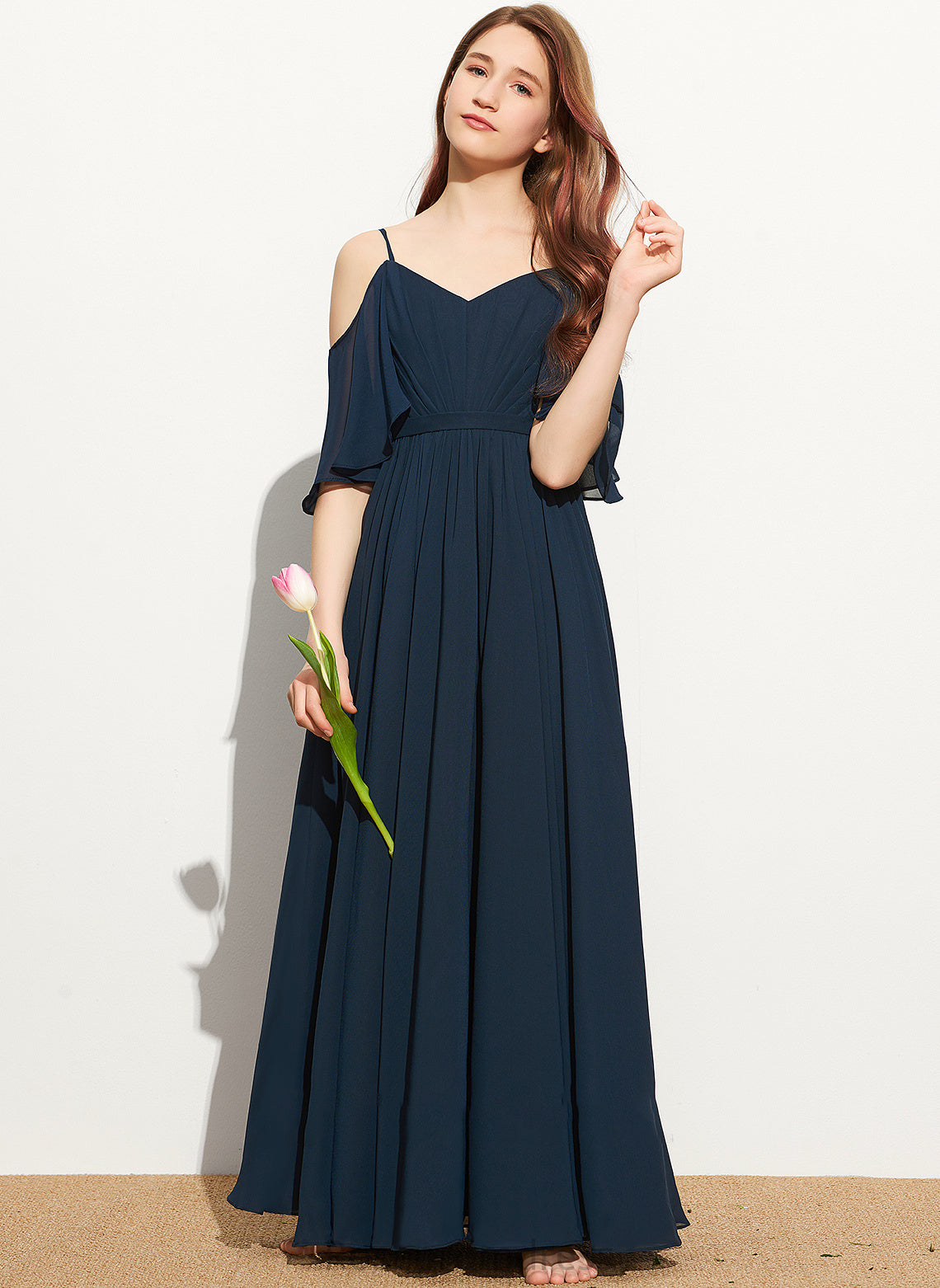 Ruffle Floor-Length Junior Bridesmaid Dresses A-Line Natalie Off-the-Shoulder With Chiffon